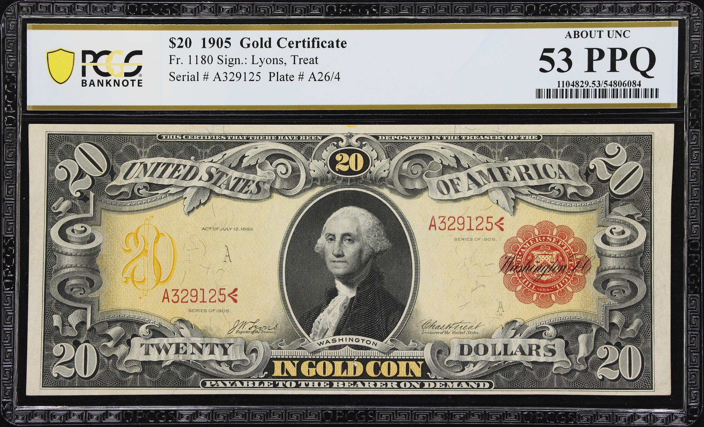 image for: Fr. 1180. 1905 $20 Gold Certificate. PCGS Banknote About Uncirculated 53 PPQ.