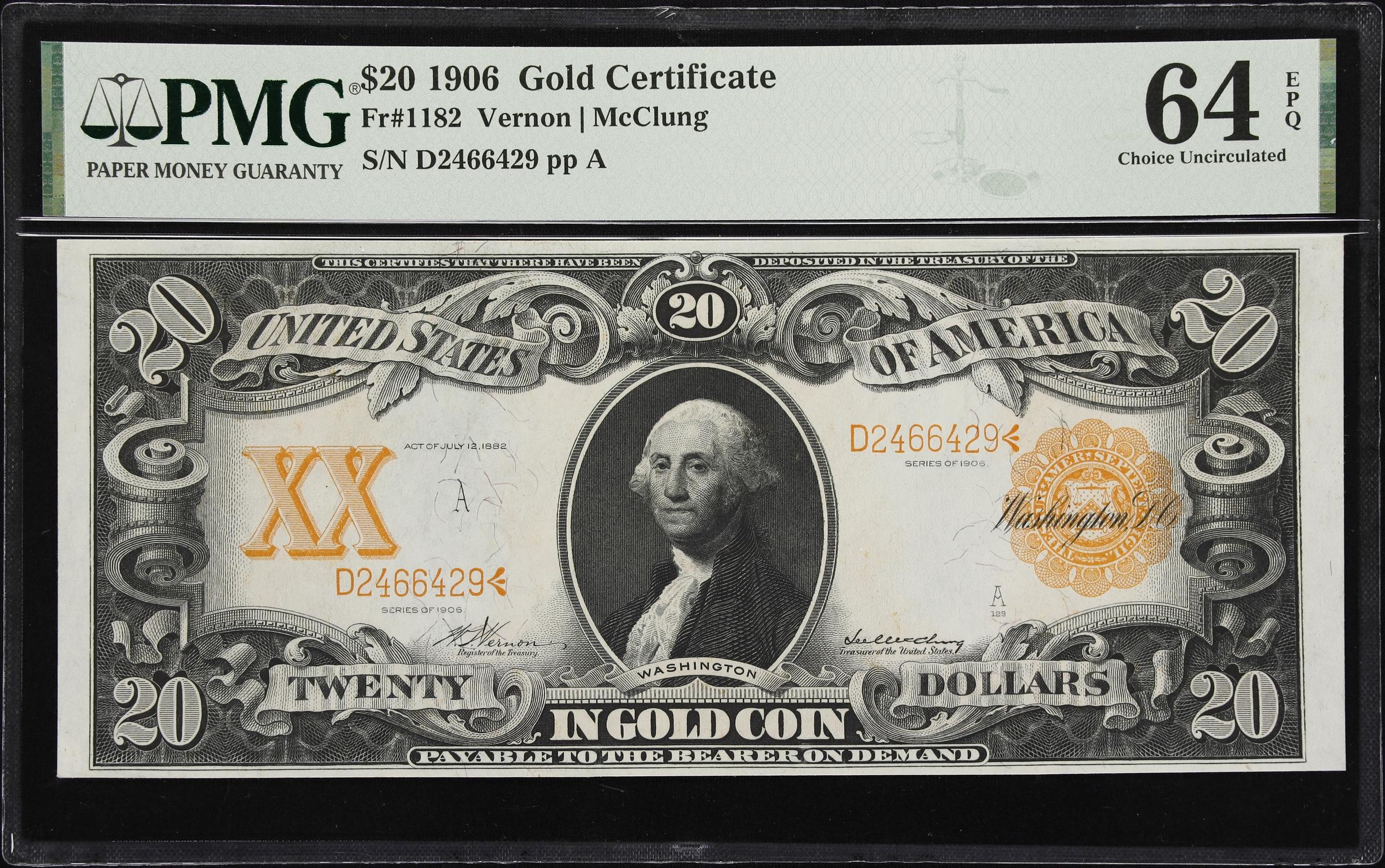 image for: Fr. 1182. 1906 $20 Gold Certificate. PMG Choice Uncirculated 64 EPQ.