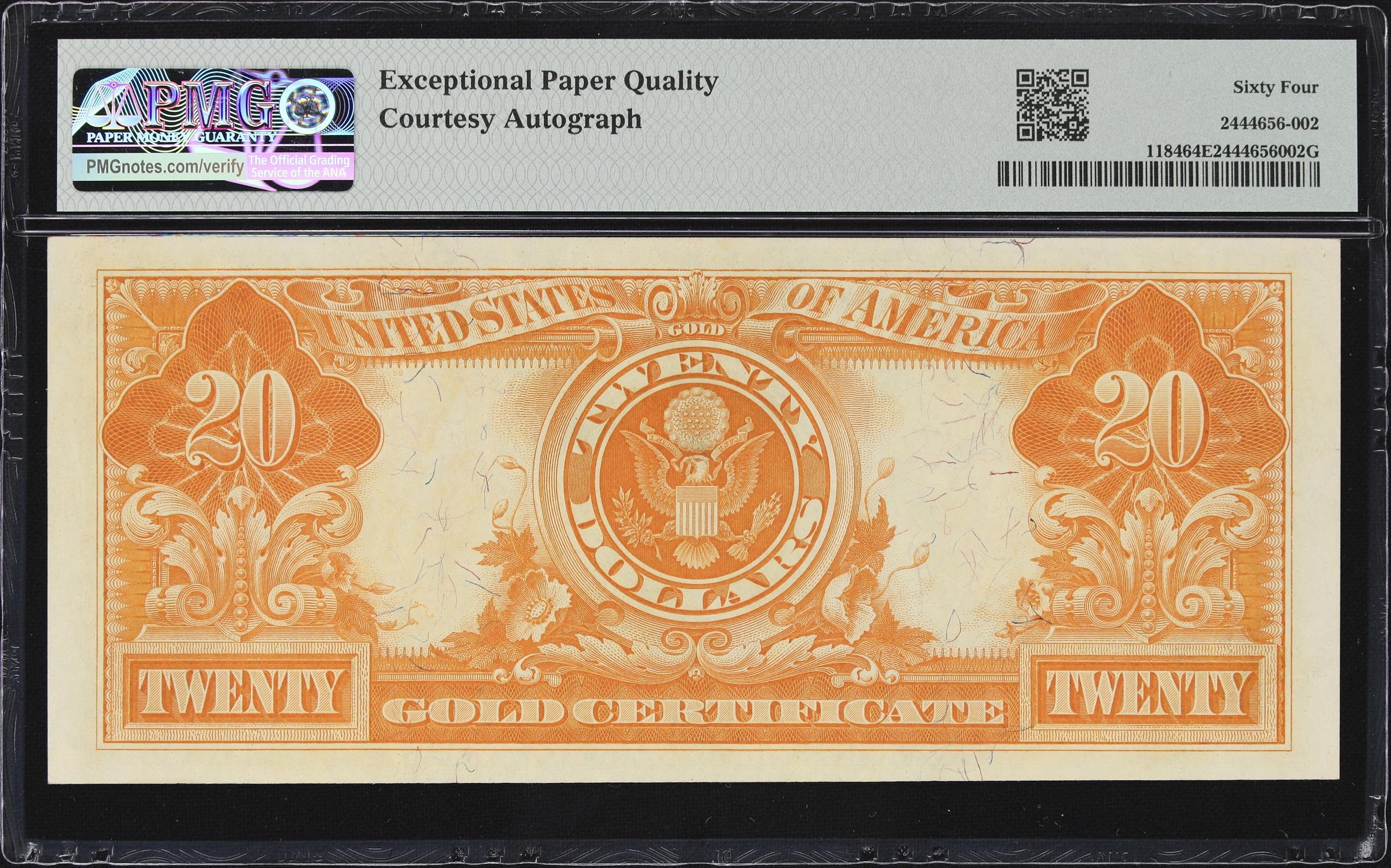 image for: Fr. 1184. 1906 $20 Gold Certificate. PMG Choice Uncirculated 64 EPQ. Carmi A. Thompson Courtesy Autograph. Serial Number 1.