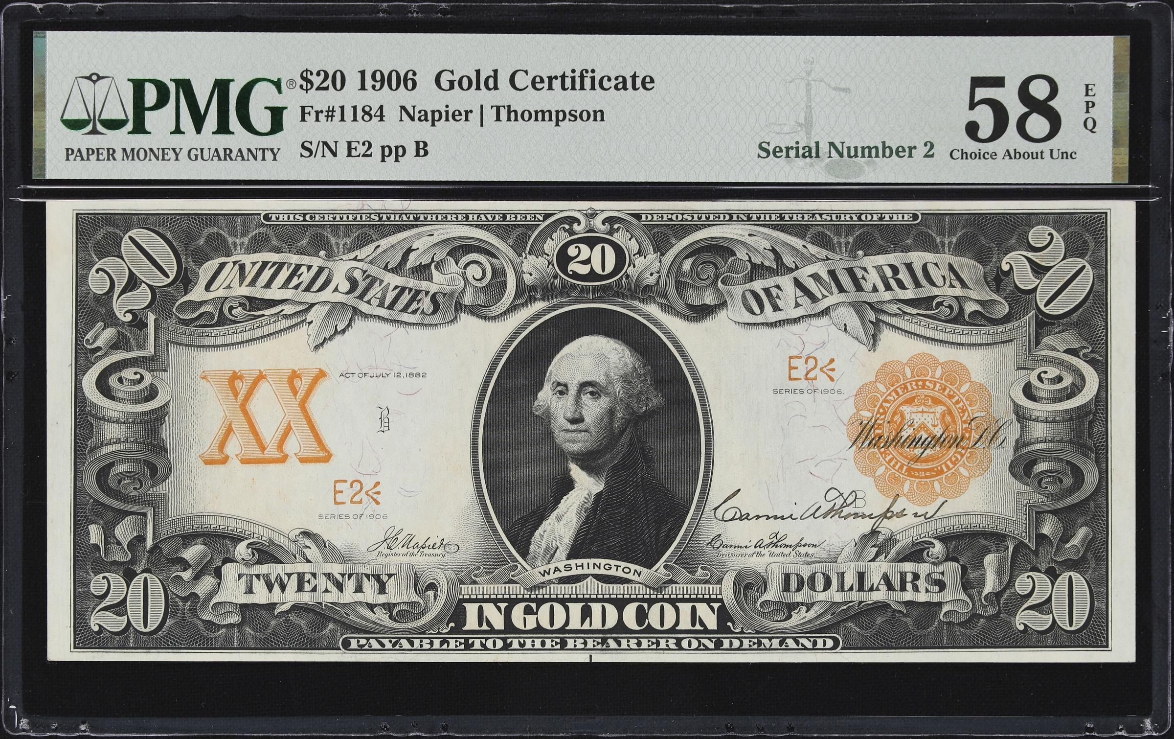 image for: Fr. 1184. 1906 $20 Gold Certificate. PMG Choice About Uncirculated 58 EPQ. Carmi A. Thompson Courtesy Autograph. Serial Number 2.