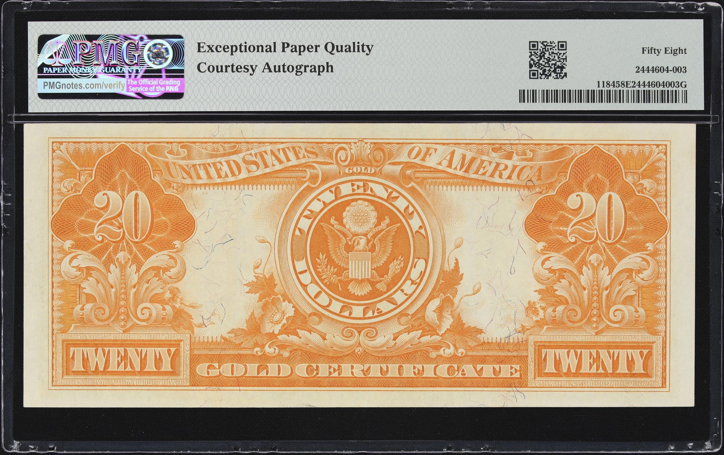 image for: Fr. 1184. 1906 $20 Gold Certificate. PMG Choice About Uncirculated 58 EPQ. Carmi A. Thompson Courtesy Autograph. Serial Number 2.