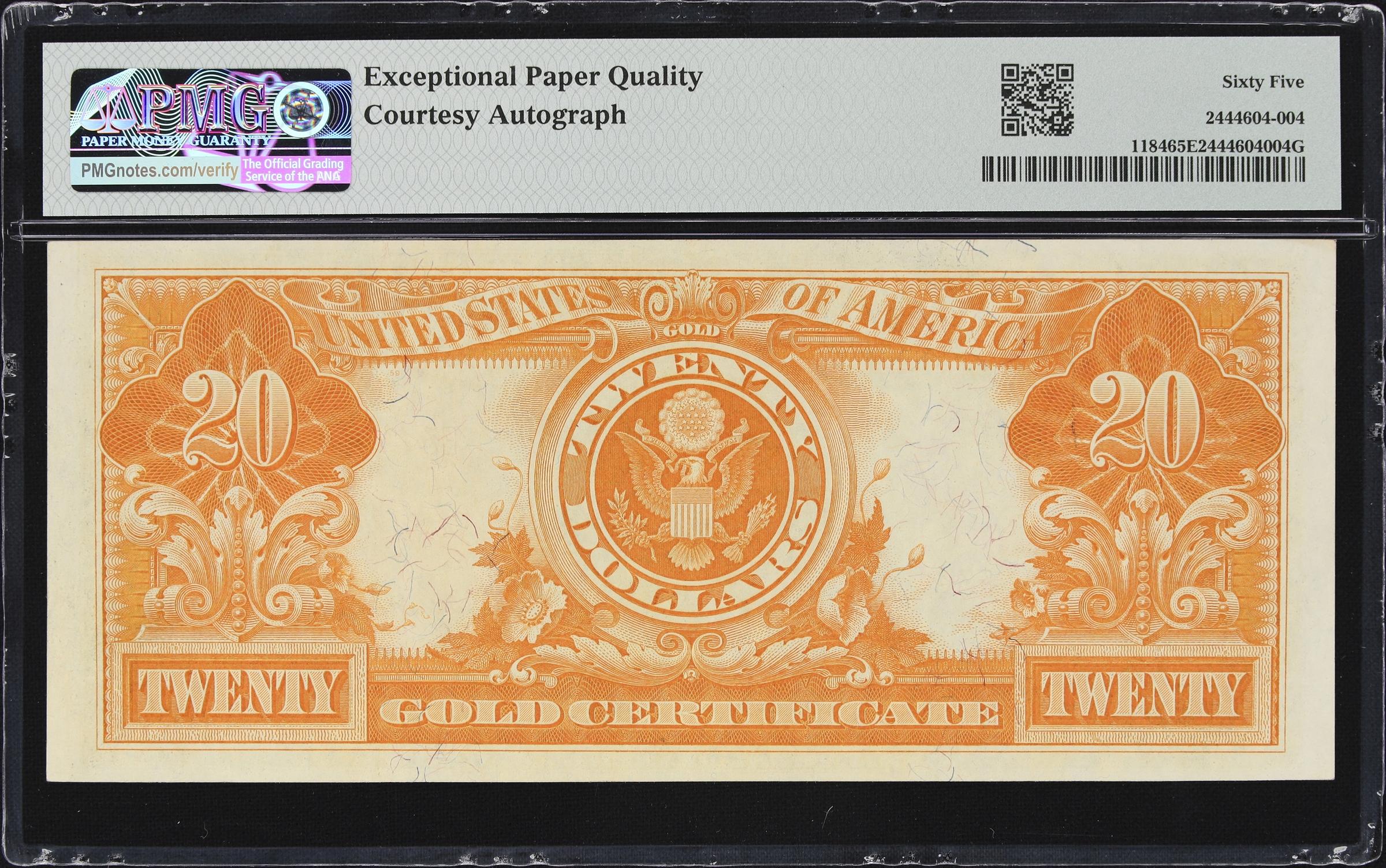 image for: Fr. 1184. 1906 $20 Gold Certificate. PMG Gem Uncirculated 65 EPQ. Carmi A. Thompson Courtesy Autograph. Serial Number 3.