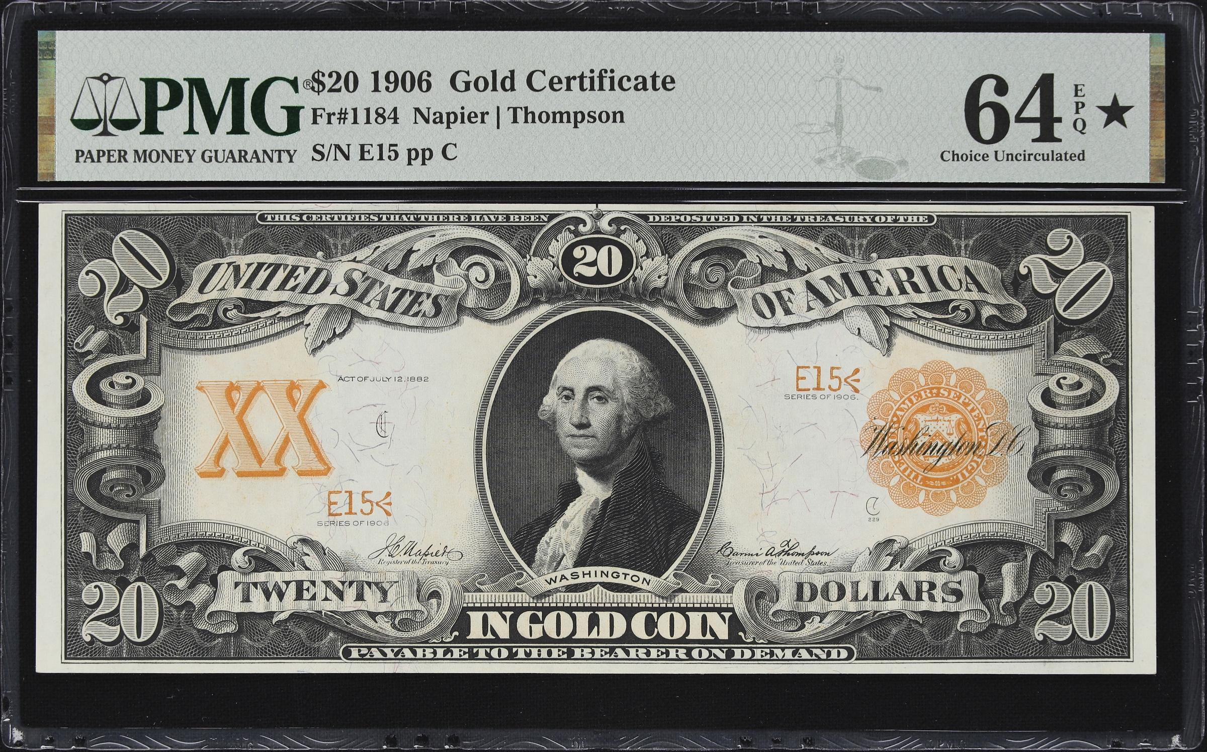 image for: Fr. 1184. 1906 $20 Gold Certificate. PMG Choice Uncirculated 64 EPQ*. Serial Number 15.