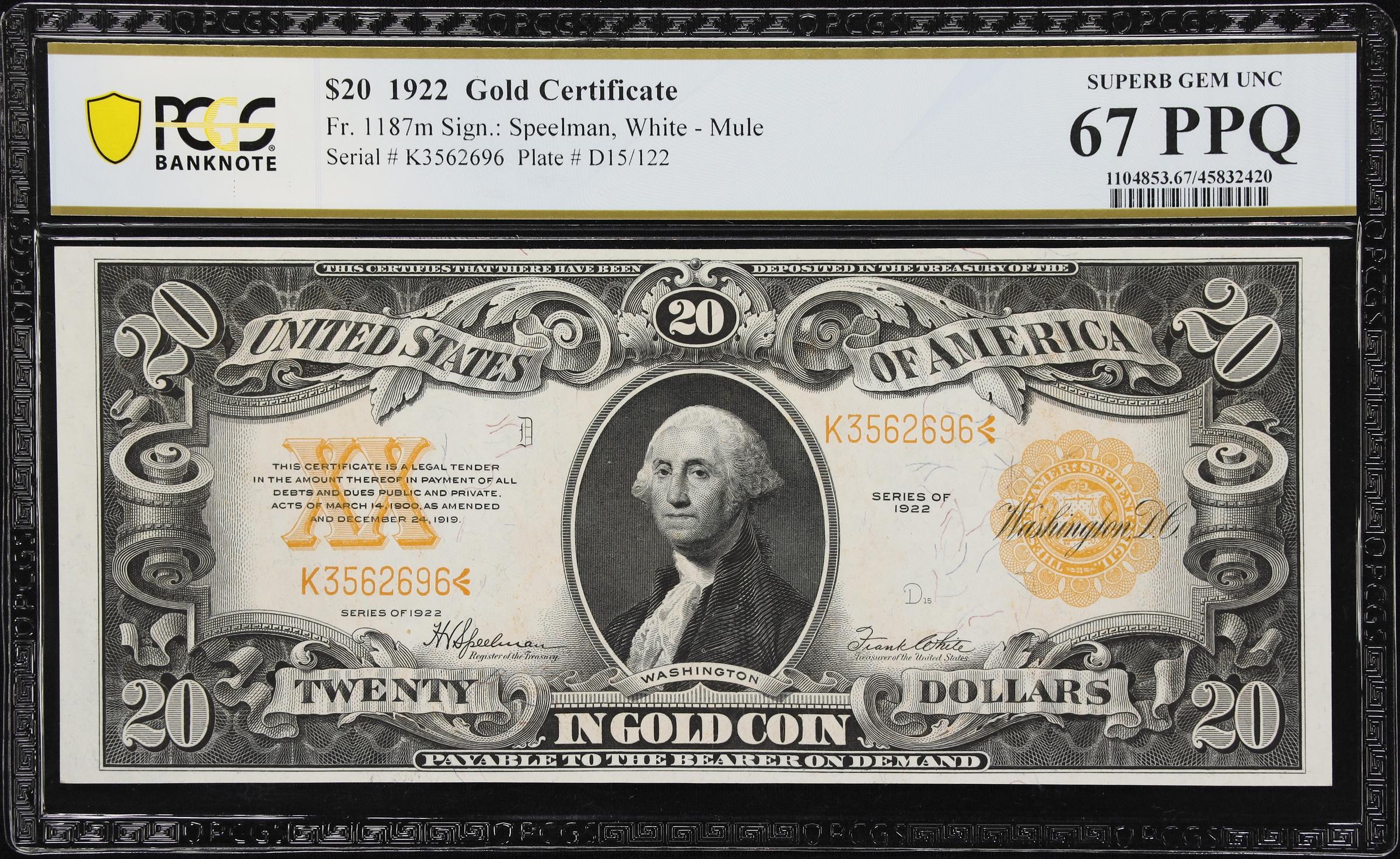 image for: Fr. 1187m. 1922 $20 Gold Certificate. Mule. PCGS Banknote Superb Gem Uncirculated 67 PPQ.