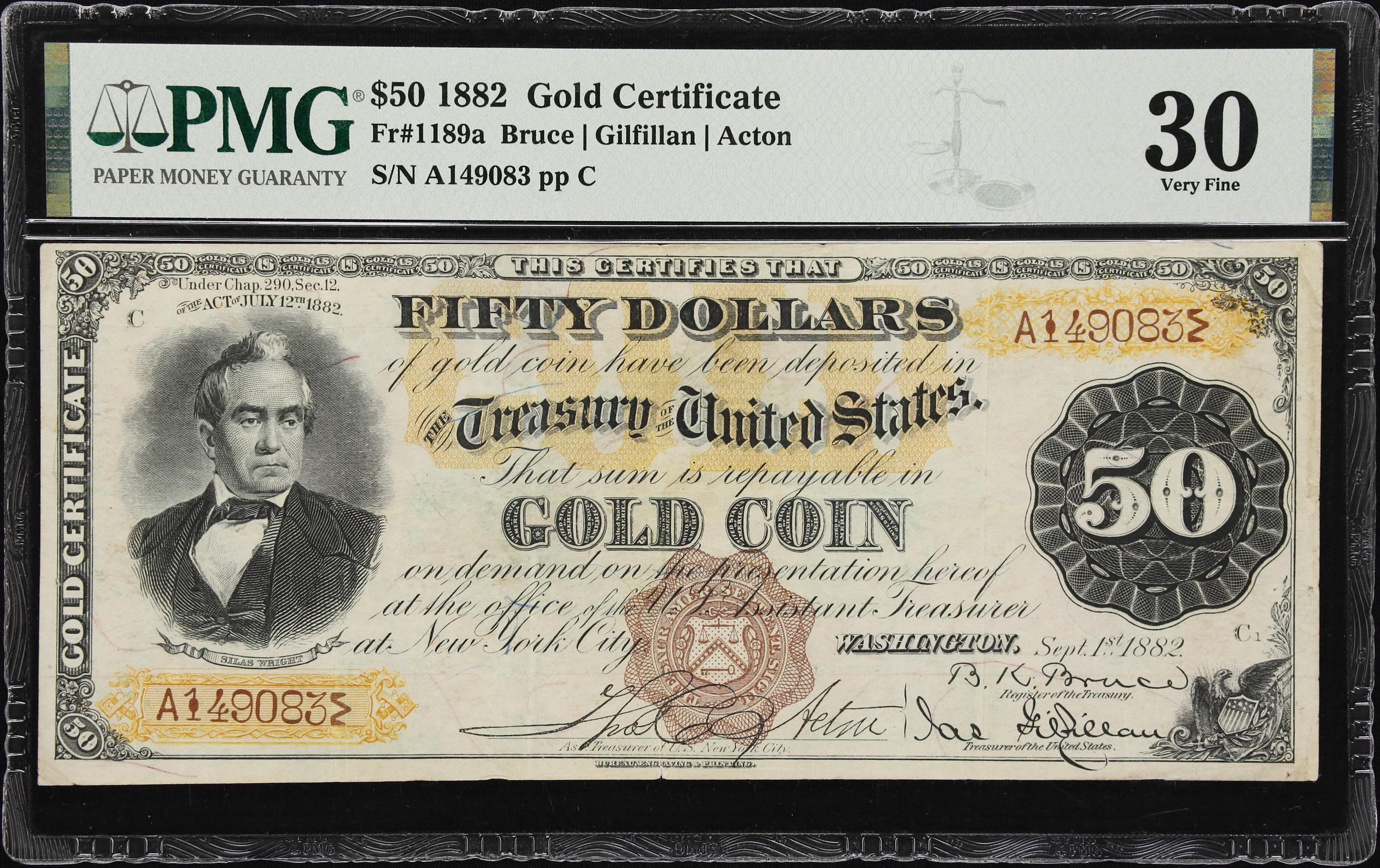 image for: Fr. 1189a. 1882 $50 Gold Certificate. PMG Very Fine 30. Acton Engraved Countersignature.
