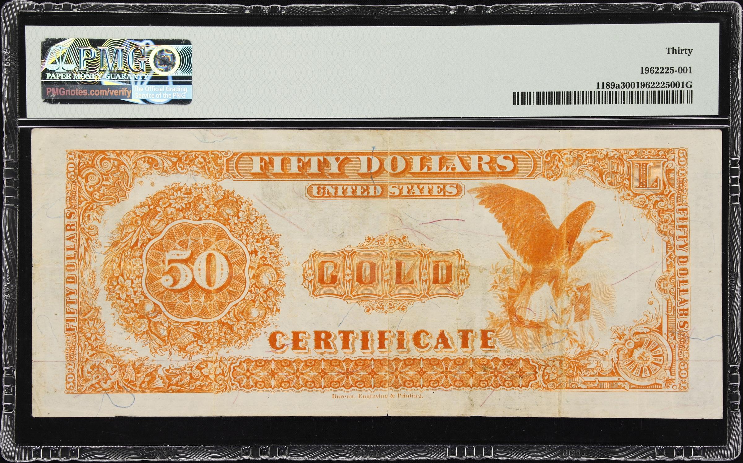 image for: Fr. 1189a. 1882 $50 Gold Certificate. PMG Very Fine 30. Acton Engraved Countersignature.