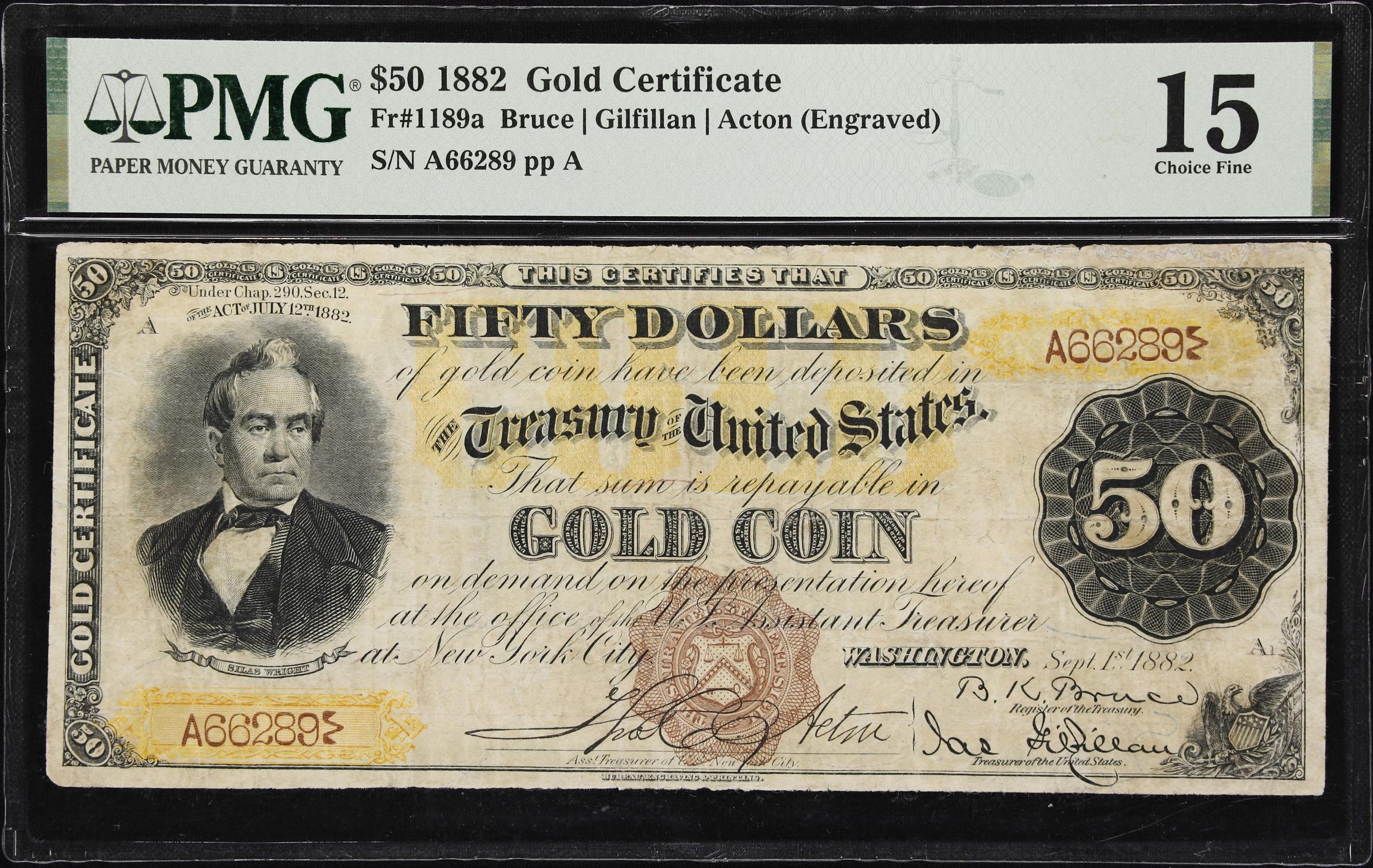 image for: Fr. 1189a. 1882 $50 Gold Certificate. PMG Choice Fine 15. Acton Engraved Countersignature.
