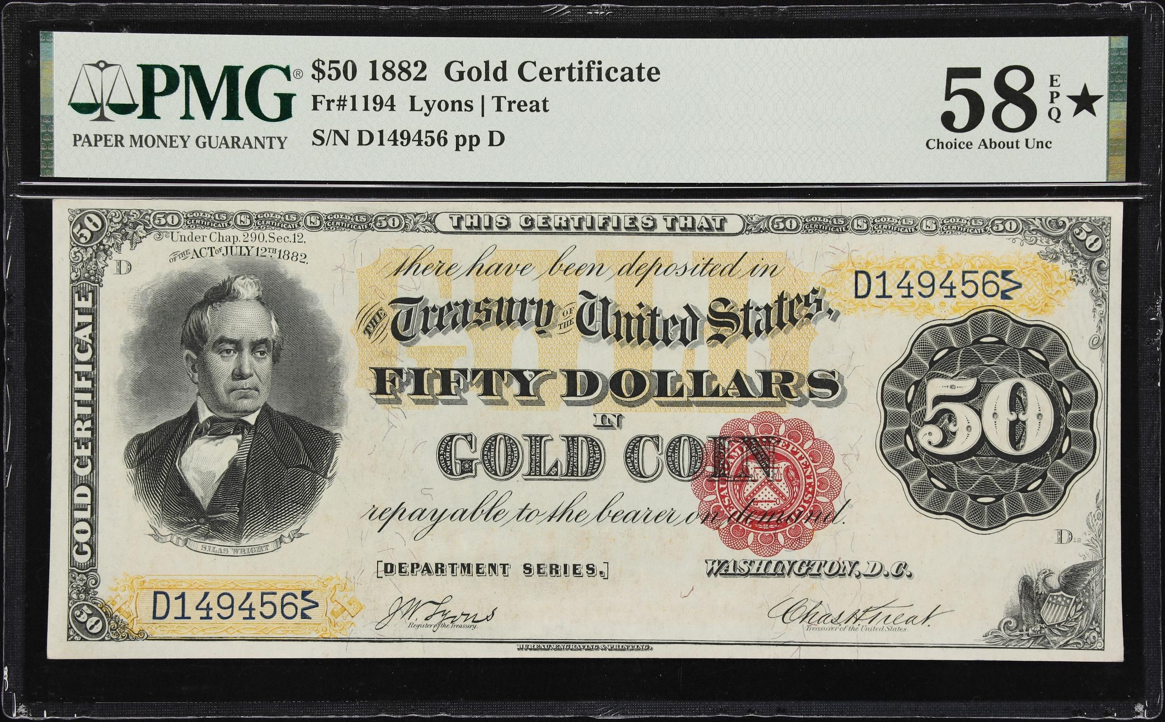 image for: Fr. 1194. 1882 $50 Gold Certificate. PMG Choice About Uncirculated 58 EPQ*.