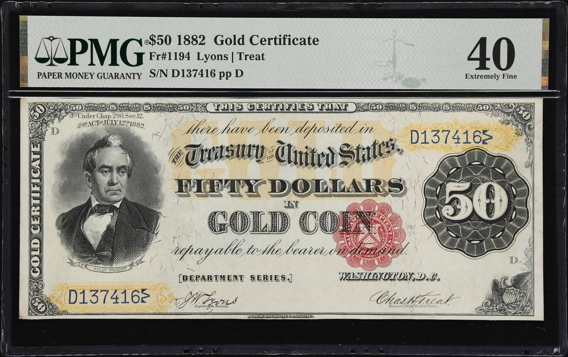 image for: Fr. 1194. 1882 $50 Gold Certificate. PMG Extremely Fine 40.
