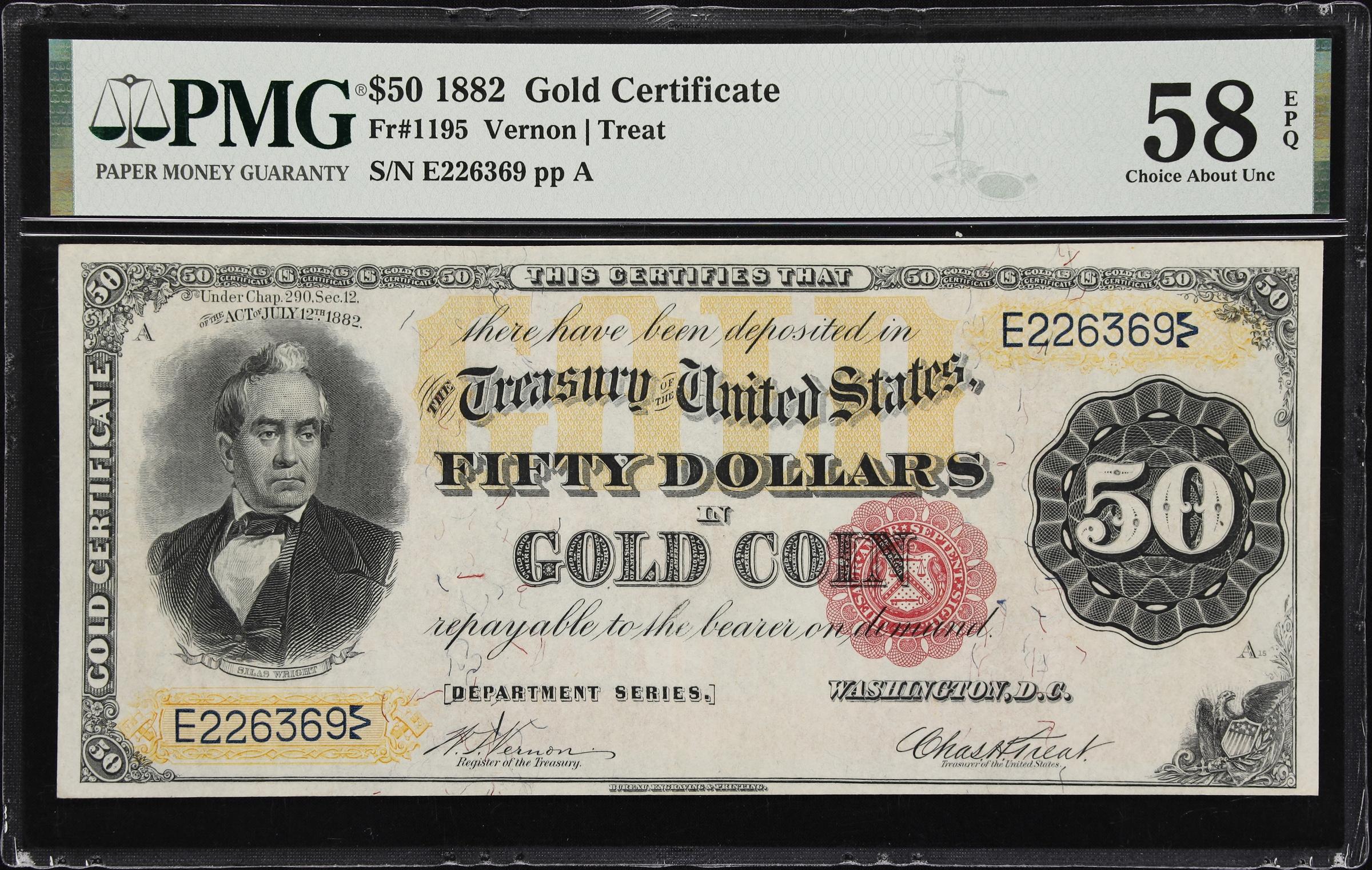 image for: Fr. 1195. 1882 $50 Gold Certificate. PMG Choice About Uncirculated 58 EPQ.