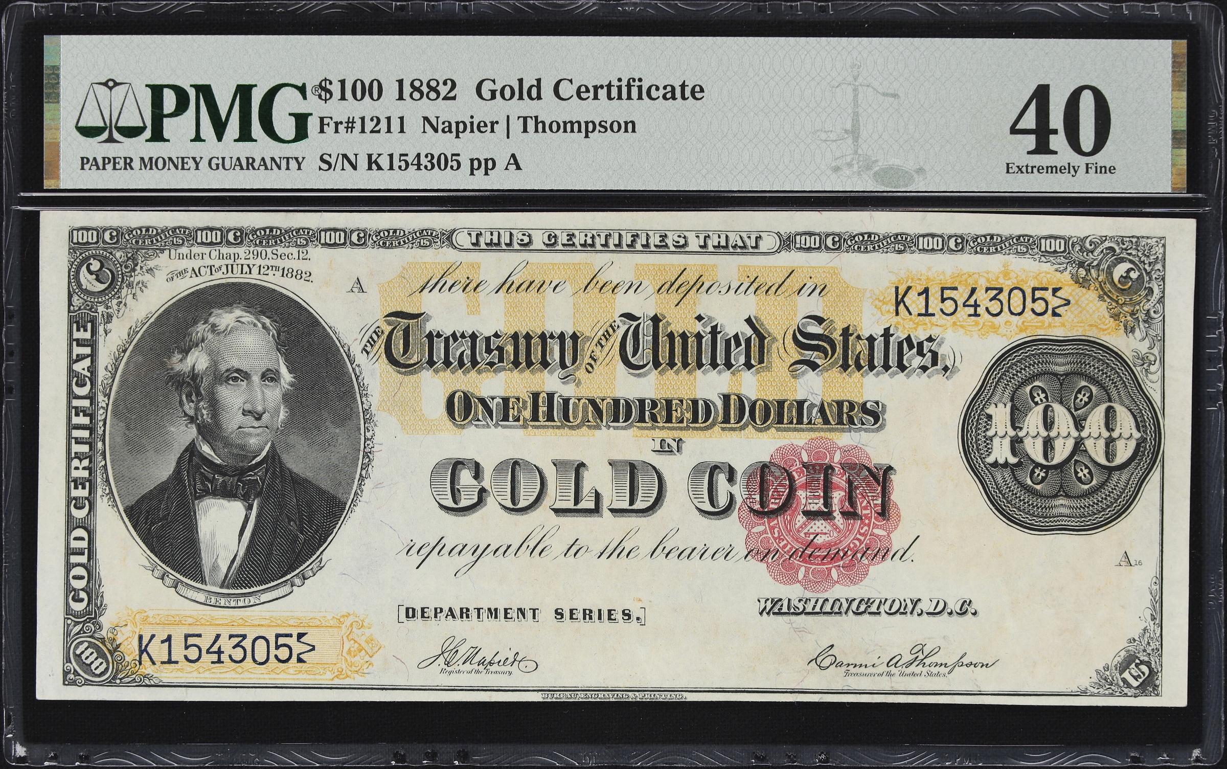 image for: Fr. 1211. 1882 $100 Gold Certificate. PMG Extremely Fine 40.