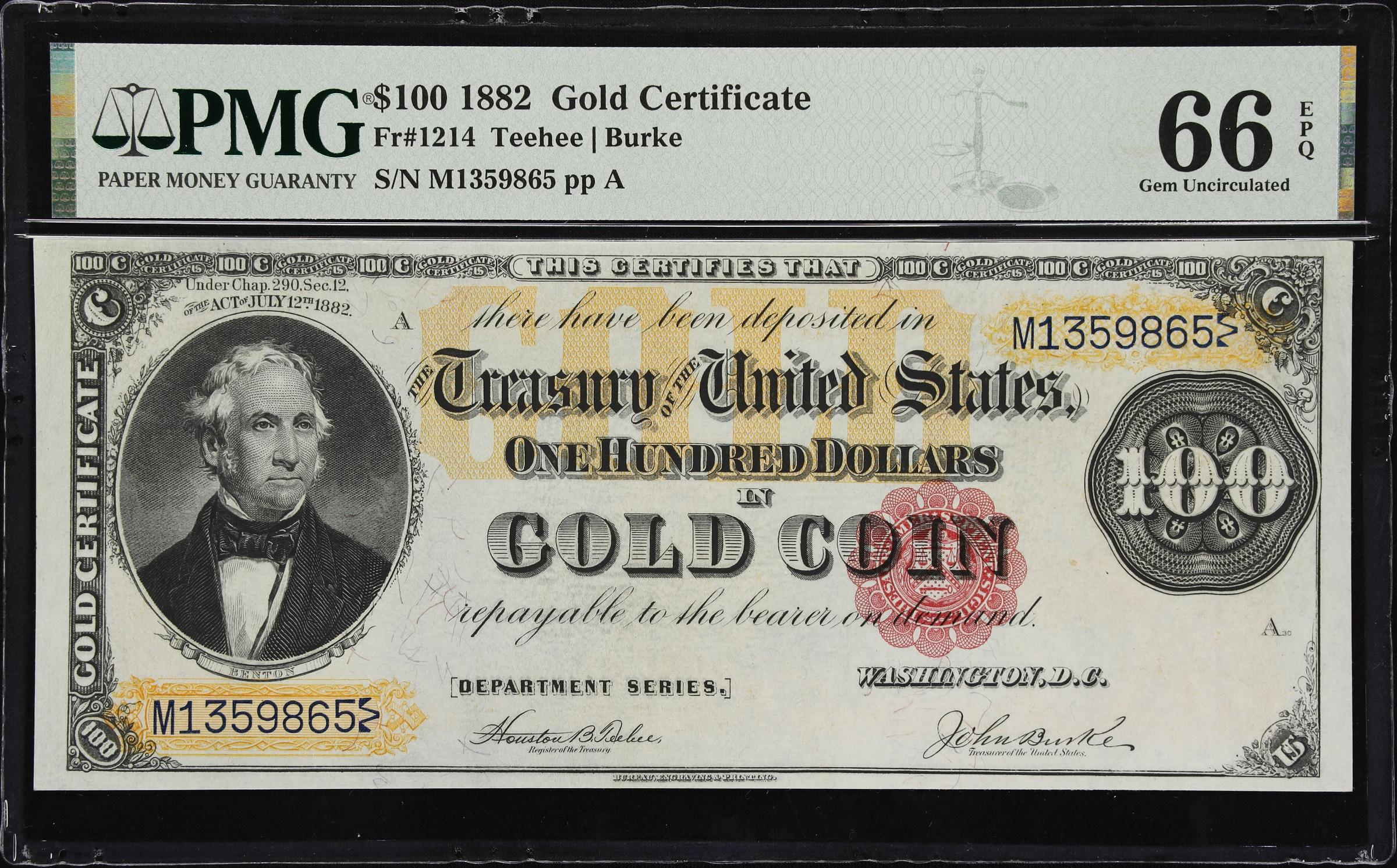 image for: Fr. 1214. 1882 $100 Gold Certificate. PMG Gem Uncirculated 66 EPQ.