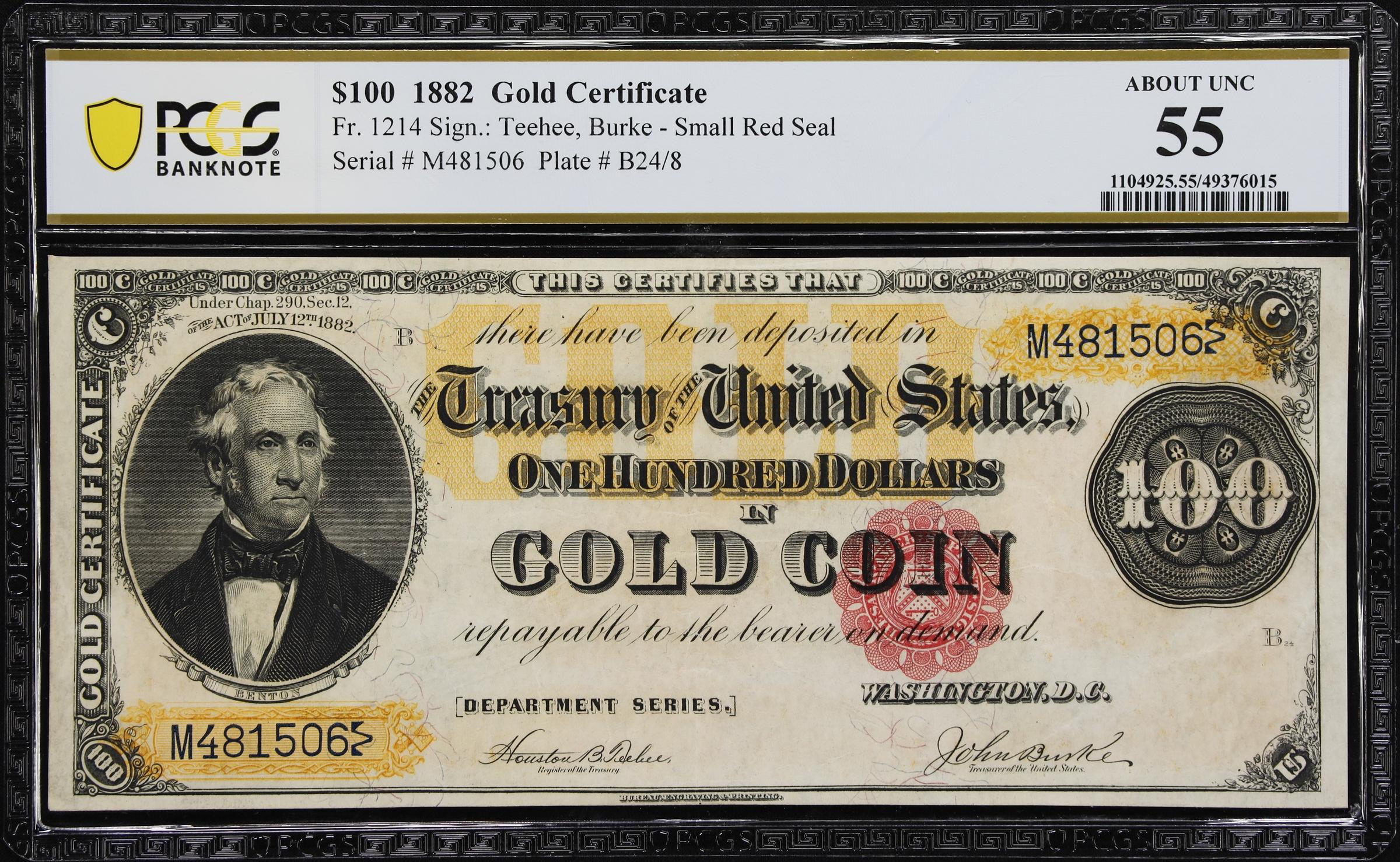 image for: Fr. 1214. 1882 $100 Gold Certificate. PCGS Banknote About Uncirculated 55.