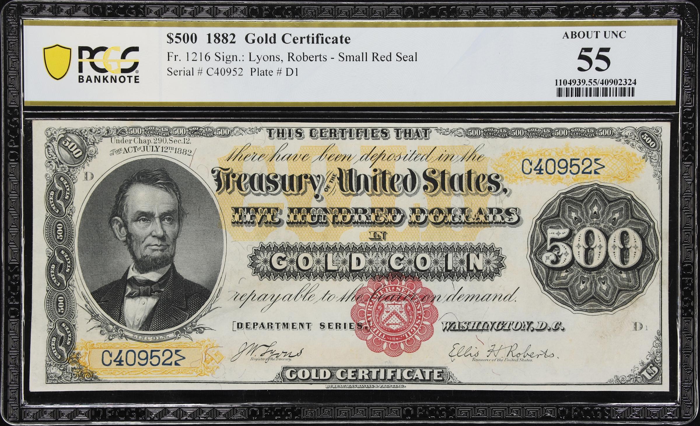 image for: Fr. 1216. 1882 $500 Gold Certificate. PCGS Banknote About Uncirculated 55.