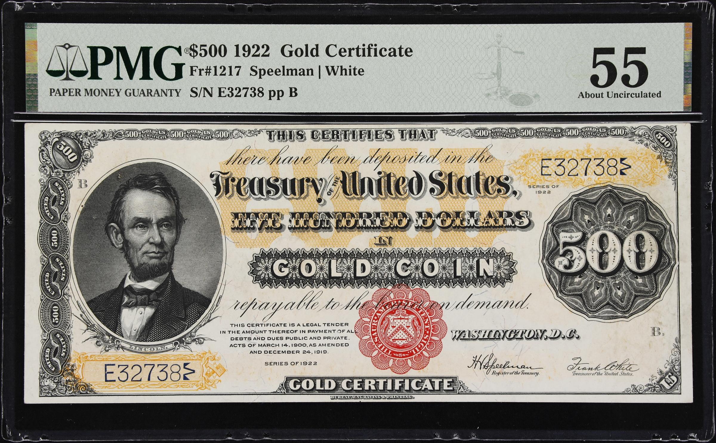 image for: Fr. 1217. 1922 $500 Gold Certificate. PMG About Uncirculated 55.