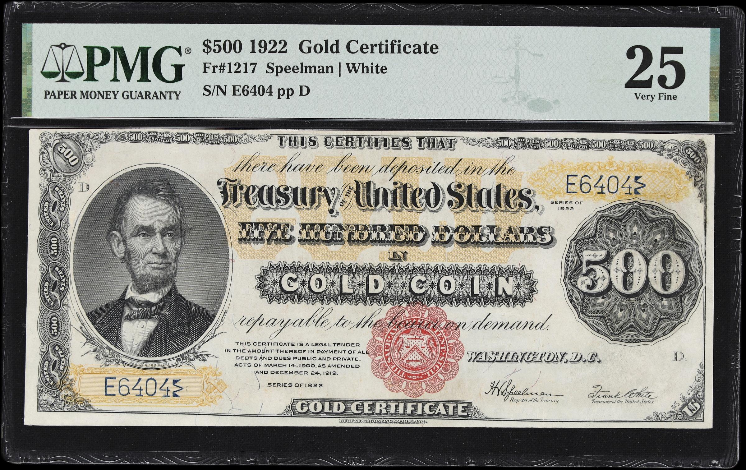 image for: Fr. 1217. 1922 $500 Gold Certificate. PMG Very Fine 25.