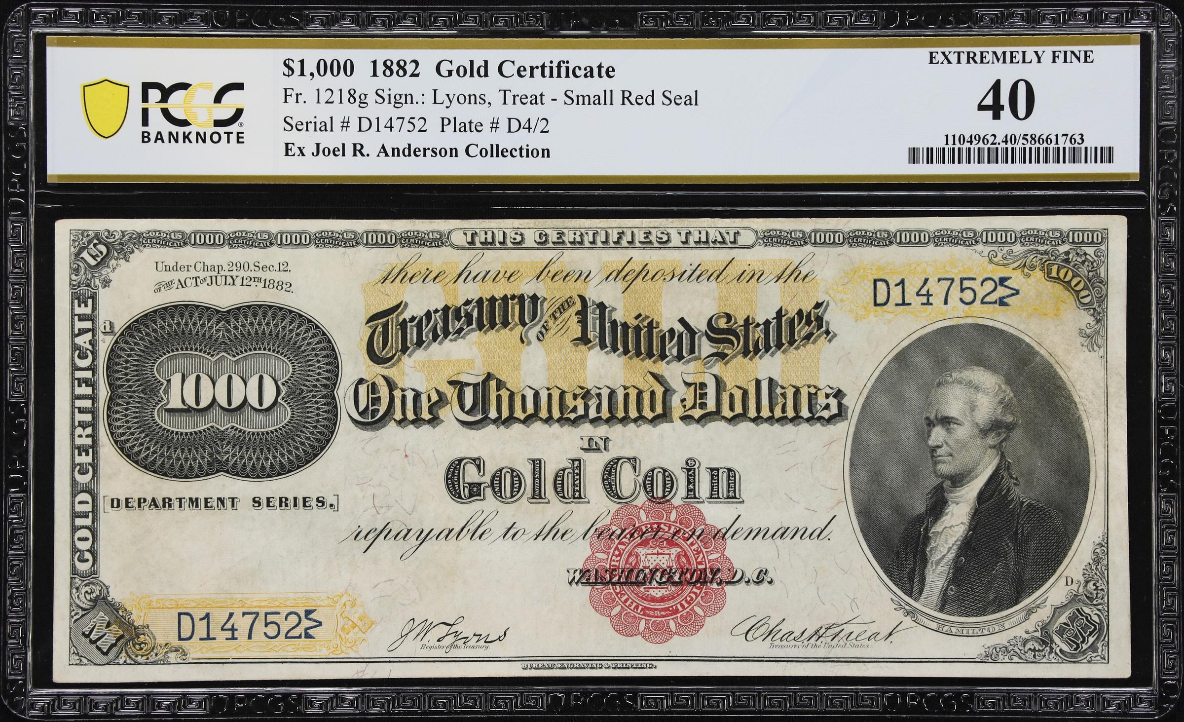 image for: Fr. 1218g. 1882 $1000 Gold Certificate. PCGS Banknote Extremely Fine 40.