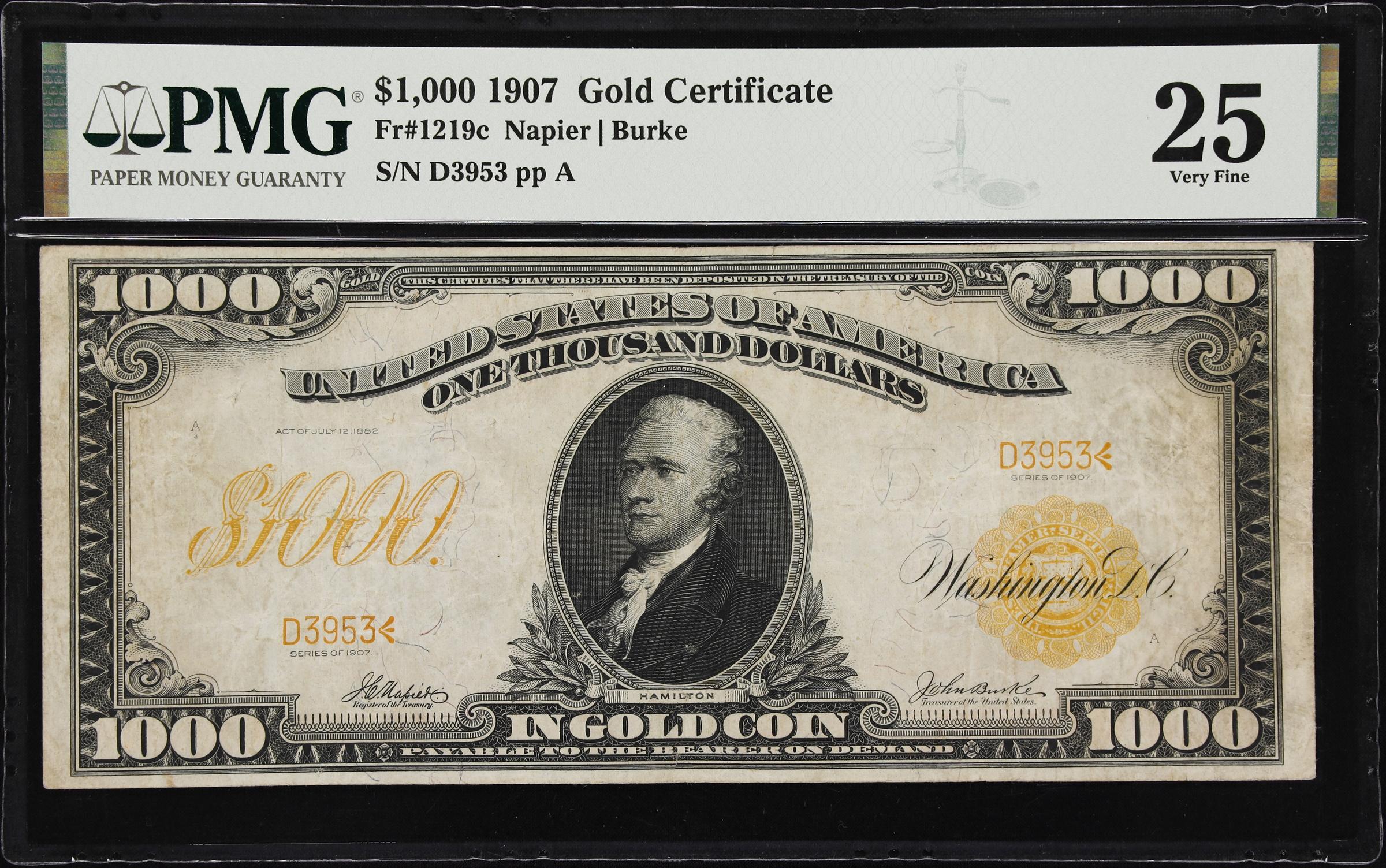 image for: Fr. 1219c. 1907 $1000 Gold Certificate. PMG Very Fine 25.