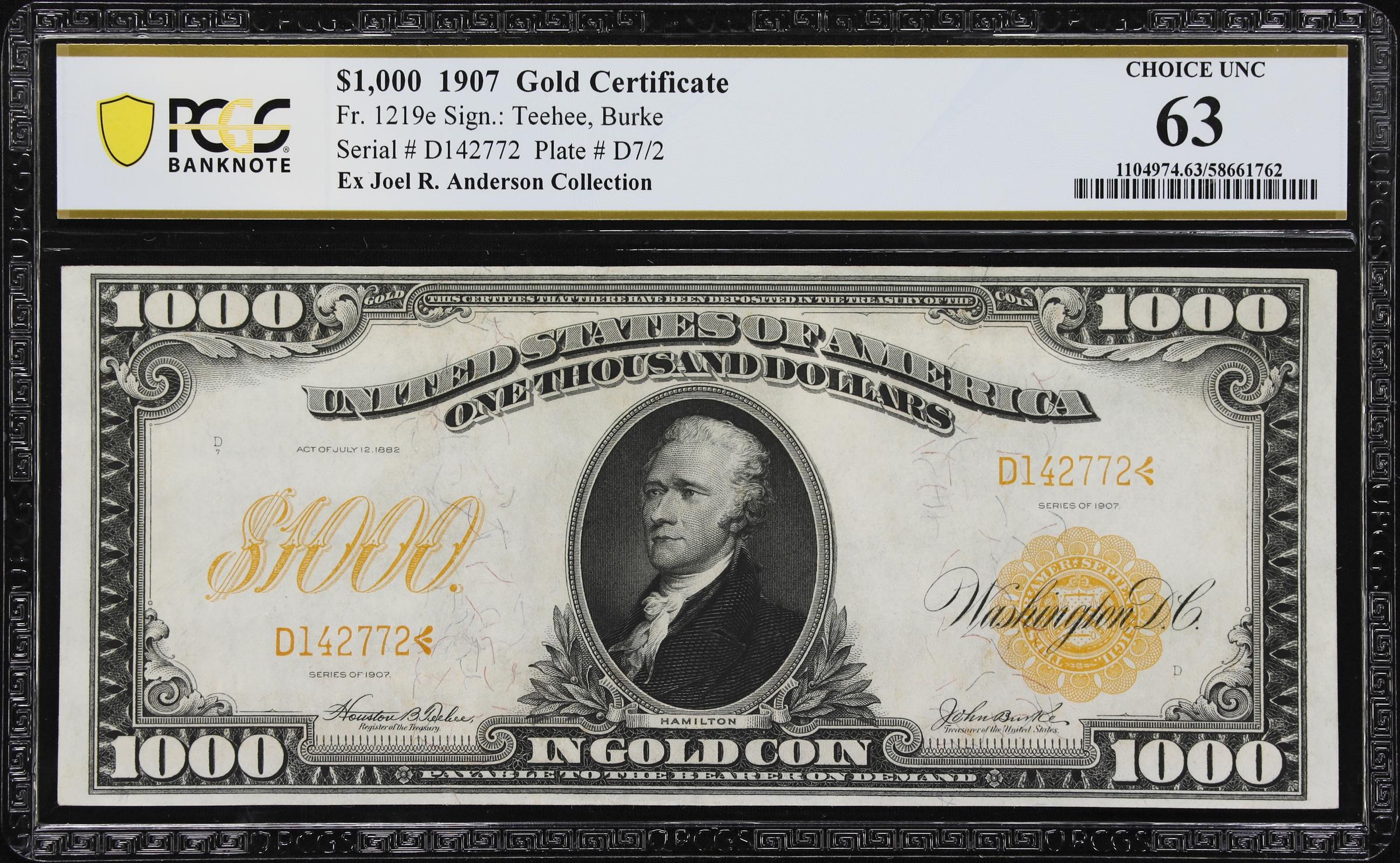 image for: Fr. 1219e. 1907 $1000 Gold Certificate. PCGS Banknote Choice Uncirculated 63.