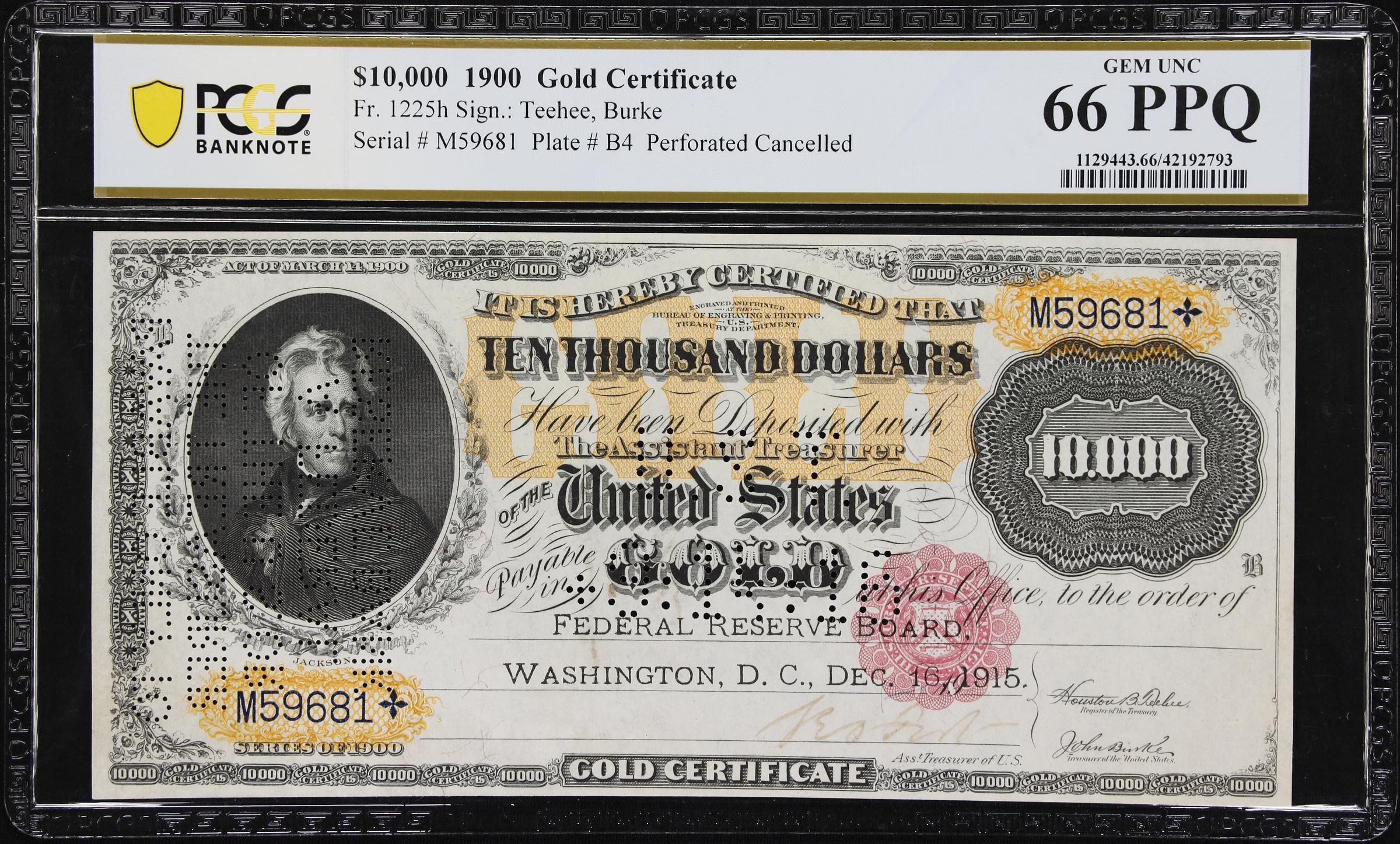 image for: Fr. 1225h. 1900 $10,000 Gold Certificate. PCGS Banknote Gem Uncirculated 66 PPQ.