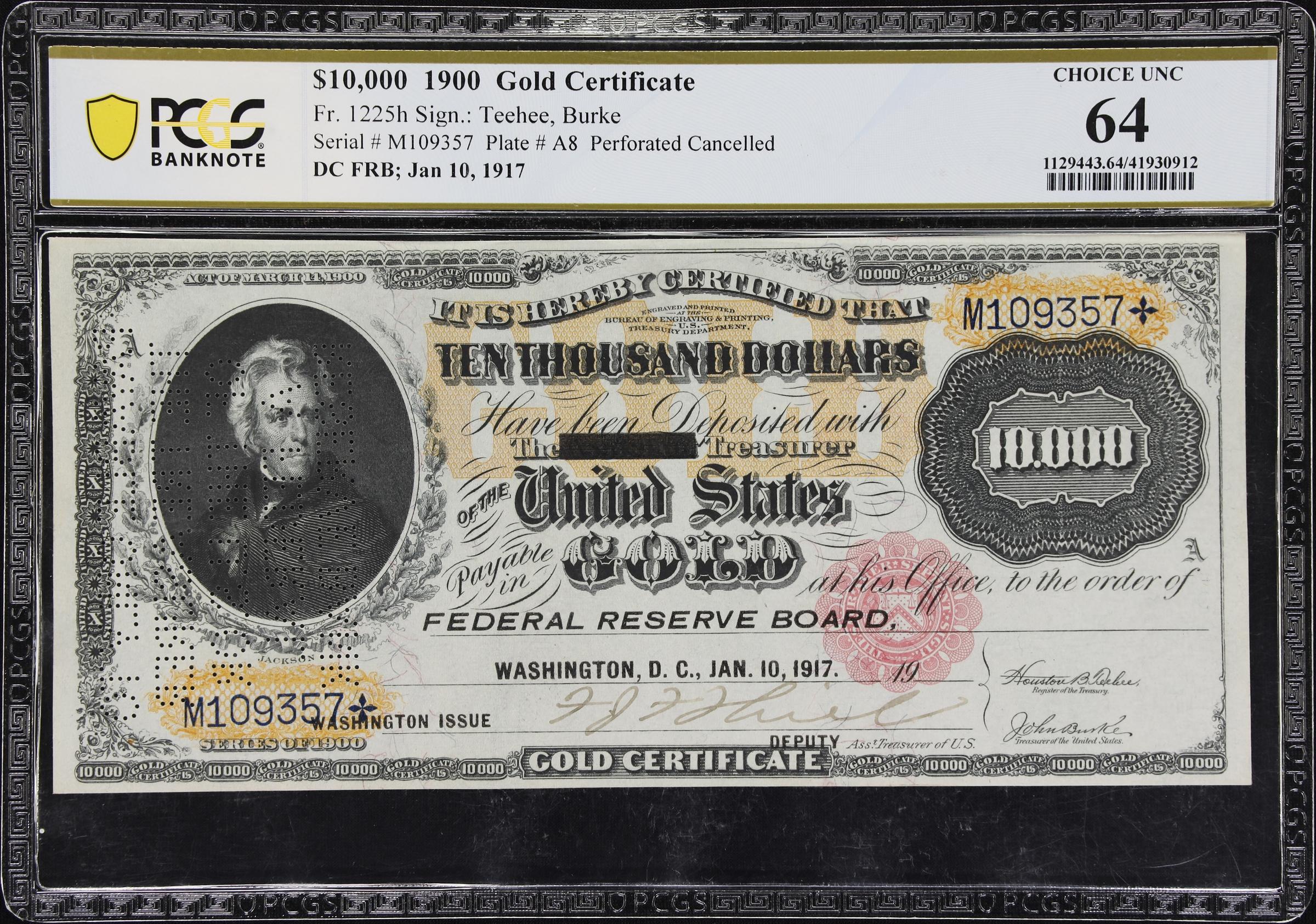 image for: Fr. 1225h. 1900 $10,000 Gold Certificate. PCGS Banknote Choice Uncirculated 64.