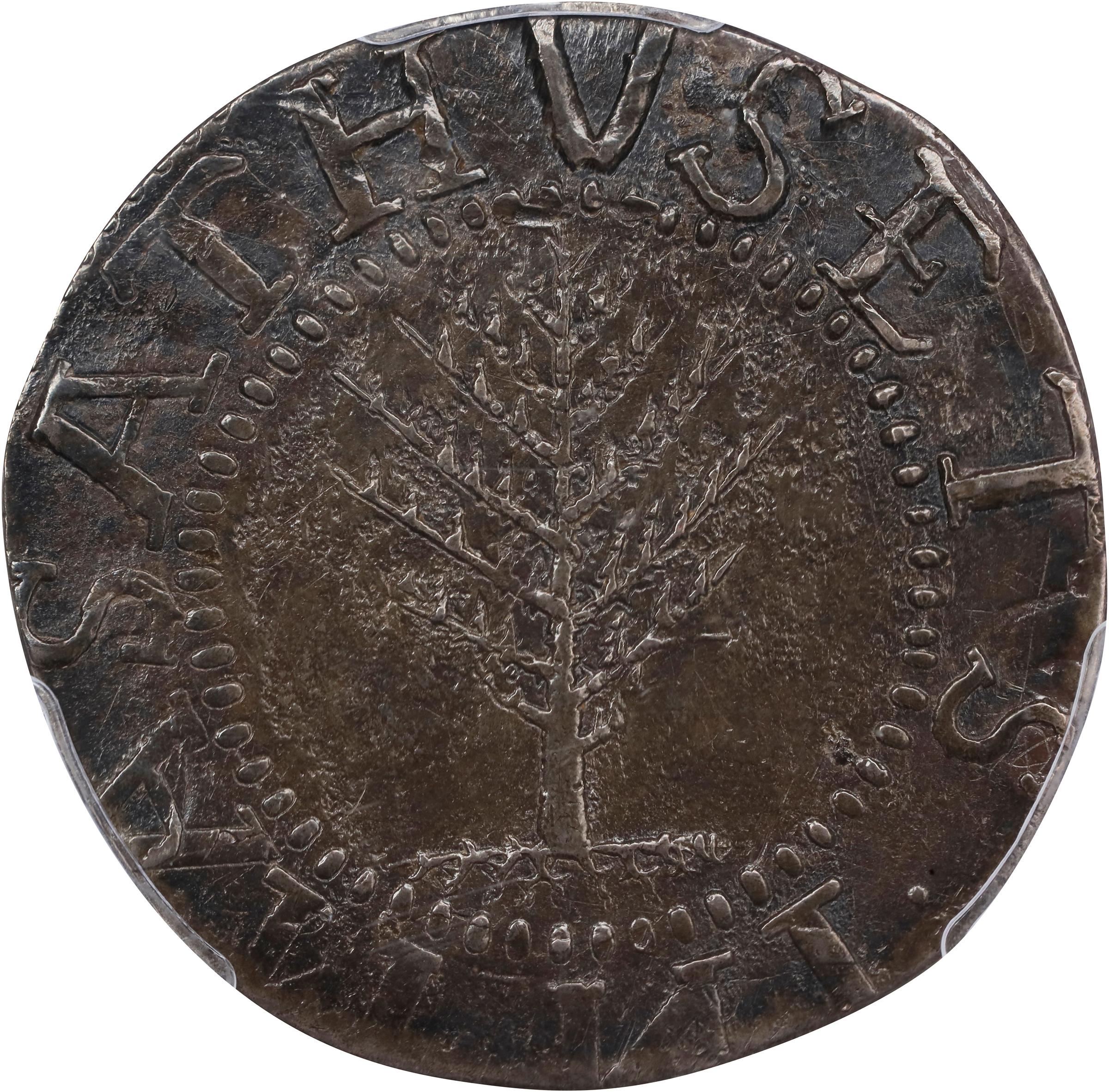 image for: 1652 Pine Tree Shilling. Large Planchet. Noe-2, Salmon 2-C, W-700. Rarity-4. Without Pellets at Trunk, Straight Tree. Unc Details--Tooled (PCGS).