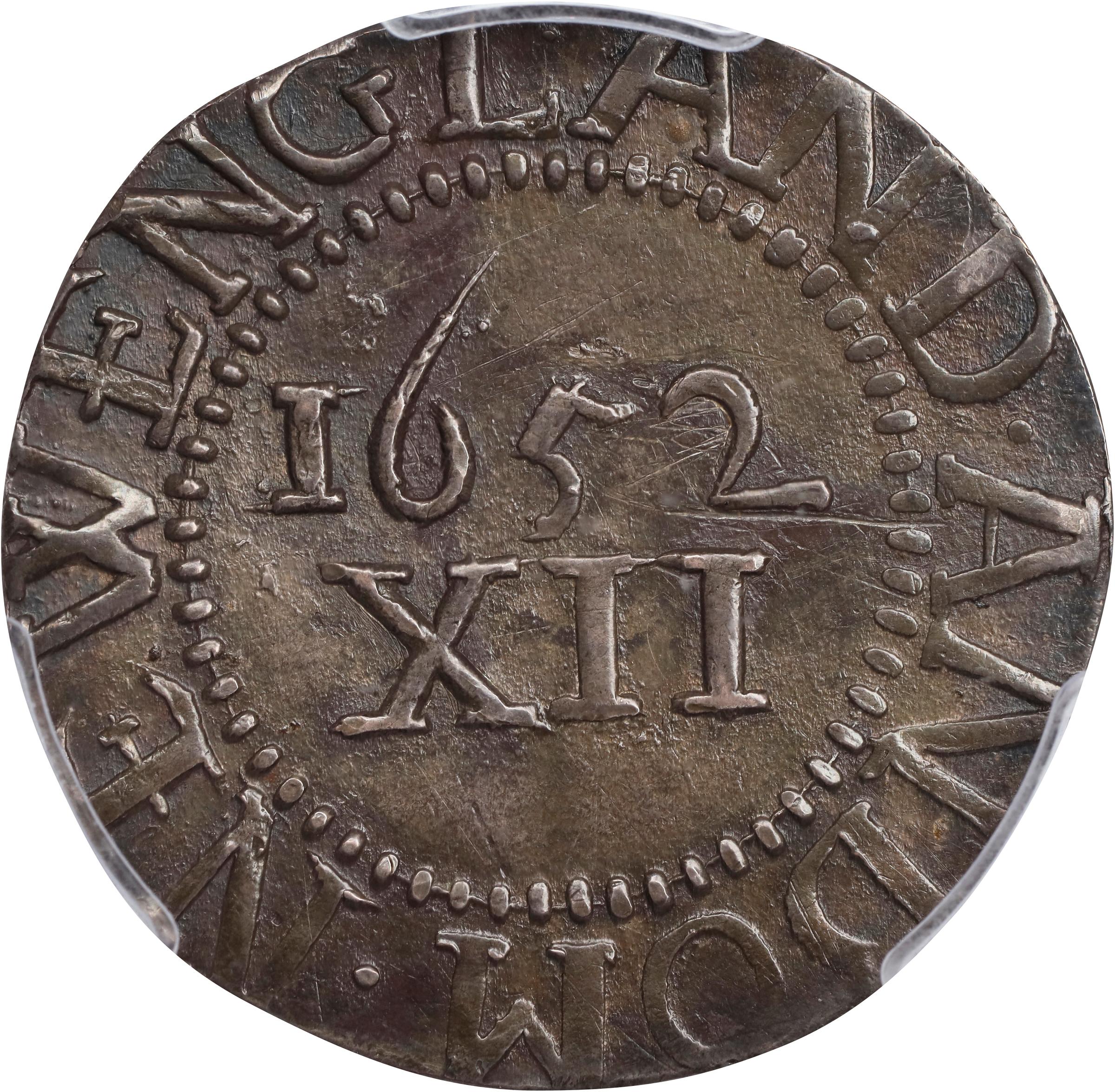 image for: 1652 Pine Tree Shilling. Large Planchet. Noe-2, Salmon 2-C, W-700. Rarity-4. Without Pellets at Trunk, Straight Tree. Unc Details--Tooled (PCGS).