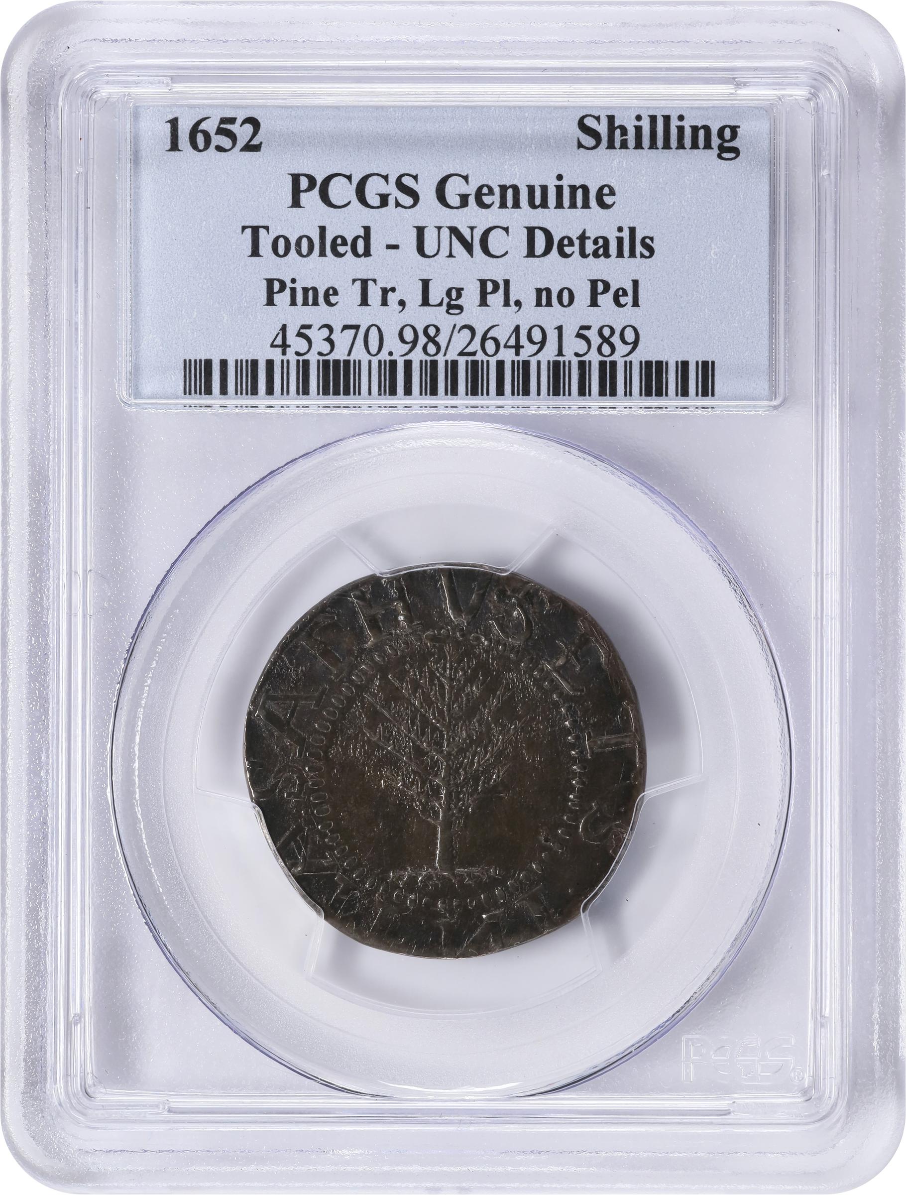 image for: 1652 Pine Tree Shilling. Large Planchet. Noe-2, Salmon 2-C, W-700. Rarity-4. Without Pellets at Trunk, Straight Tree. Unc Details--Tooled (PCGS).