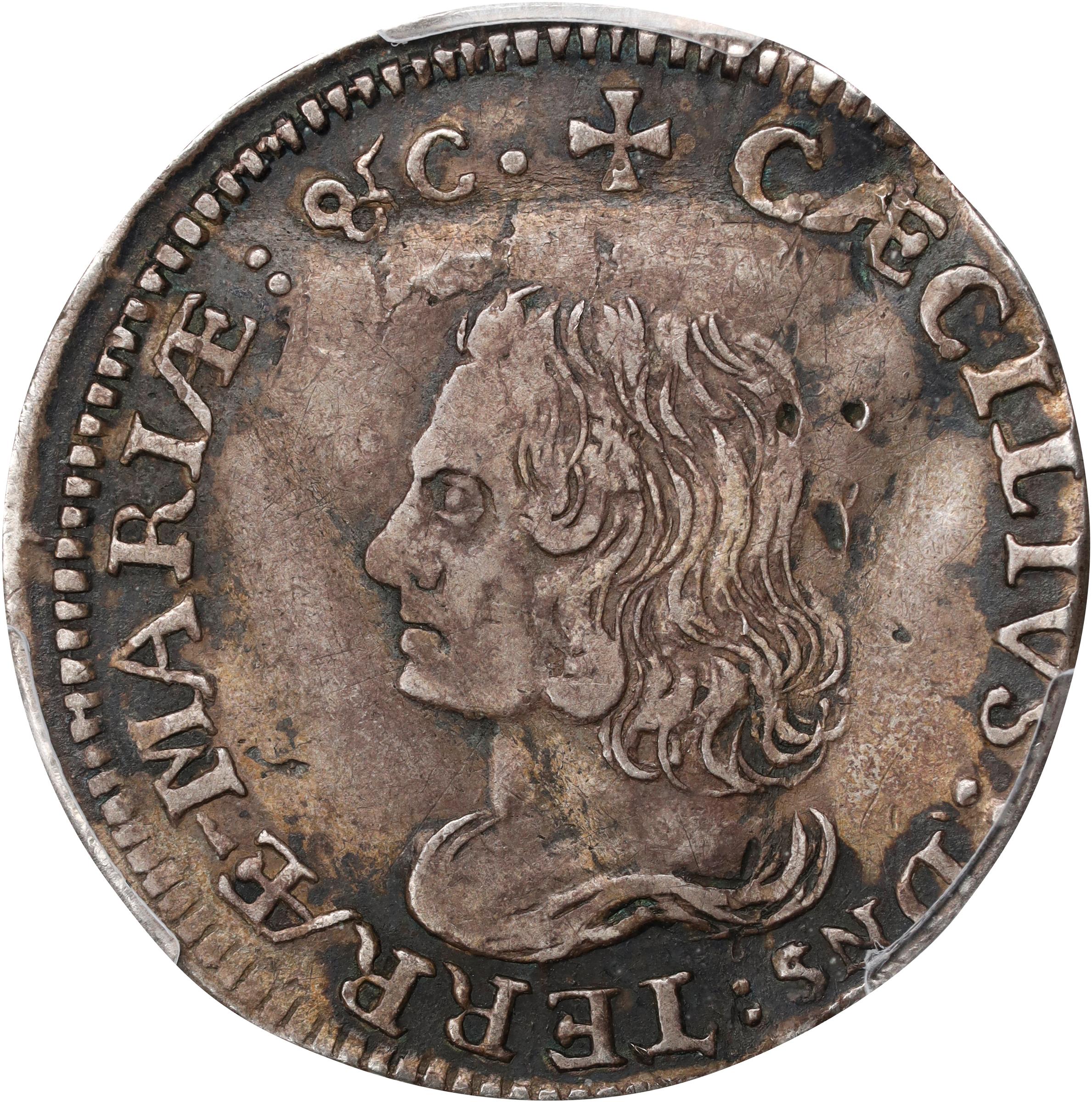 image for: Undated (1659) Lord Baltimore Sixpence. Hodder 2-C, W-1060. Rarity-5. Small Bust, No Stop. Silver. EF Details--Bent (PCGS).