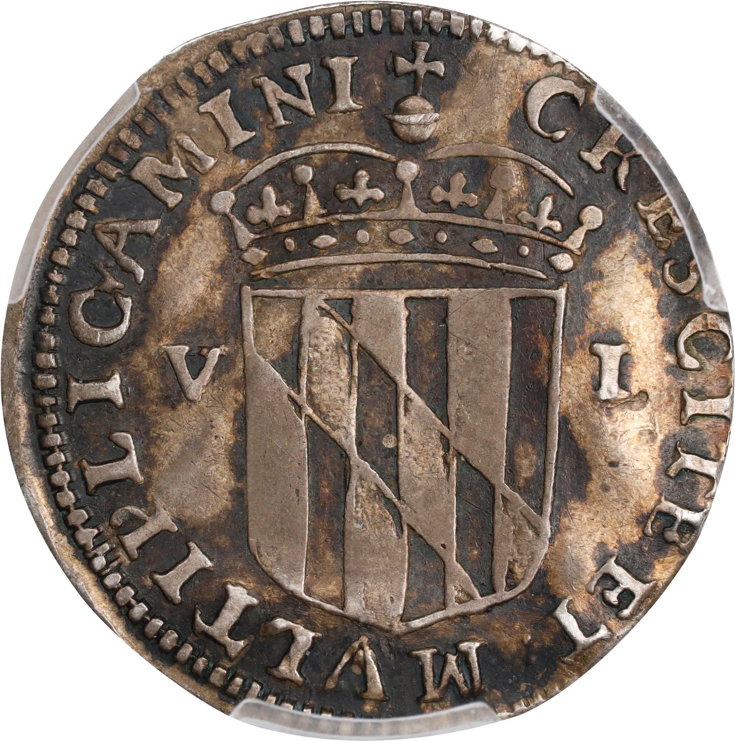 image for: Undated (1659) Lord Baltimore Sixpence. Hodder 2-C, W-1060. Rarity-5. Small Bust, No Stop. Silver. EF Details--Bent (PCGS).