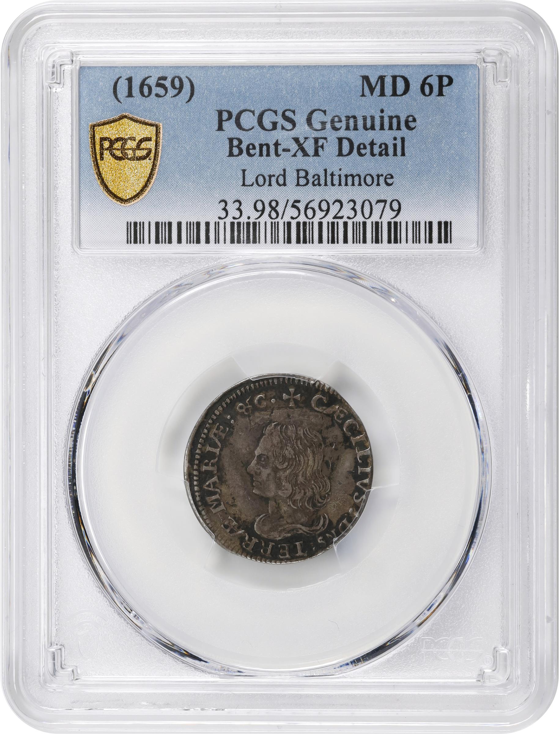 image for: Undated (1659) Lord Baltimore Sixpence. Hodder 2-C, W-1060. Rarity-5. Small Bust, No Stop. Silver. EF Details--Bent (PCGS).