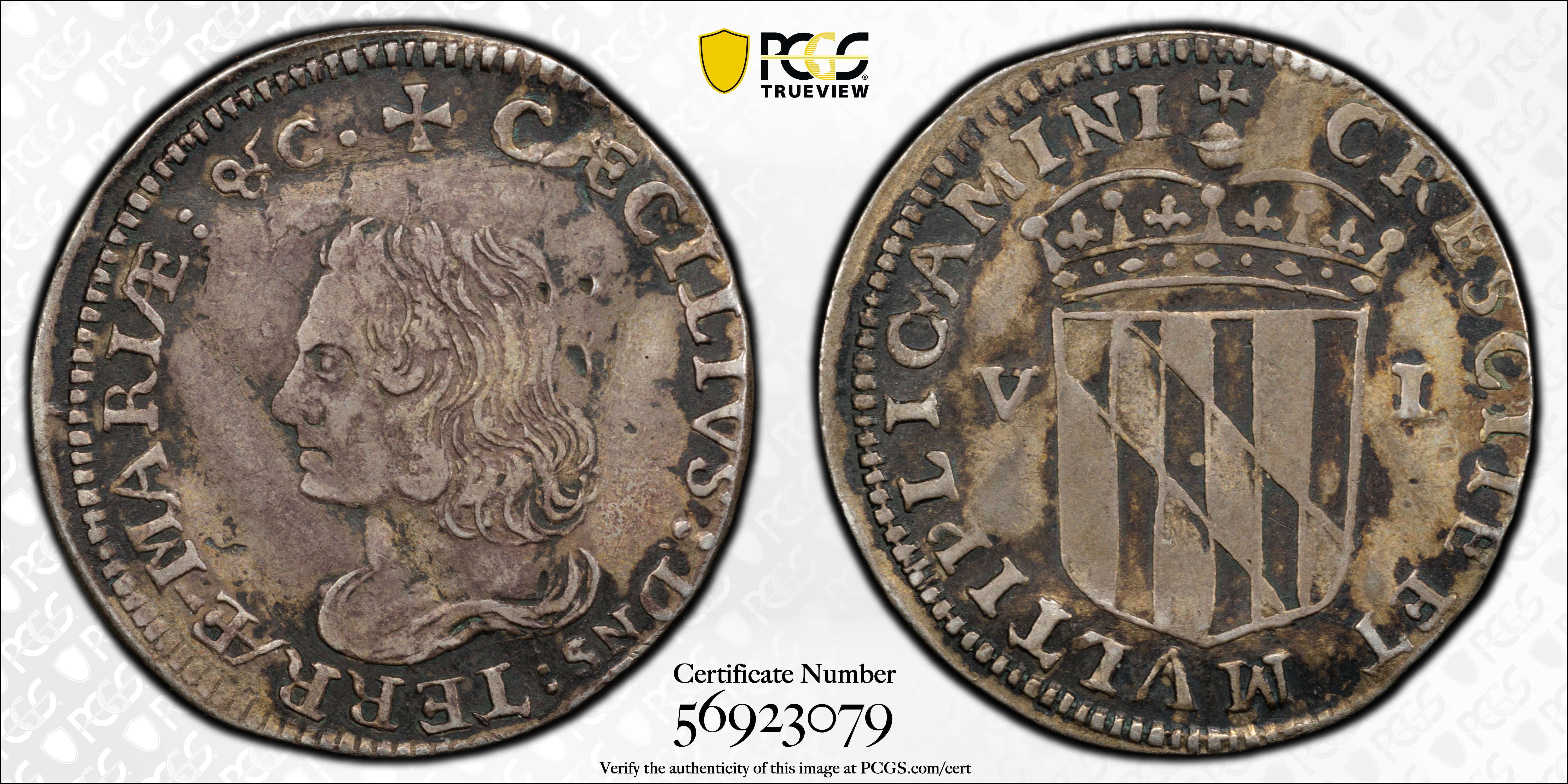 image for: Undated (1659) Lord Baltimore Sixpence. Hodder 2-C, W-1060. Rarity-5. Small Bust, No Stop. Silver. EF Details--Bent (PCGS).