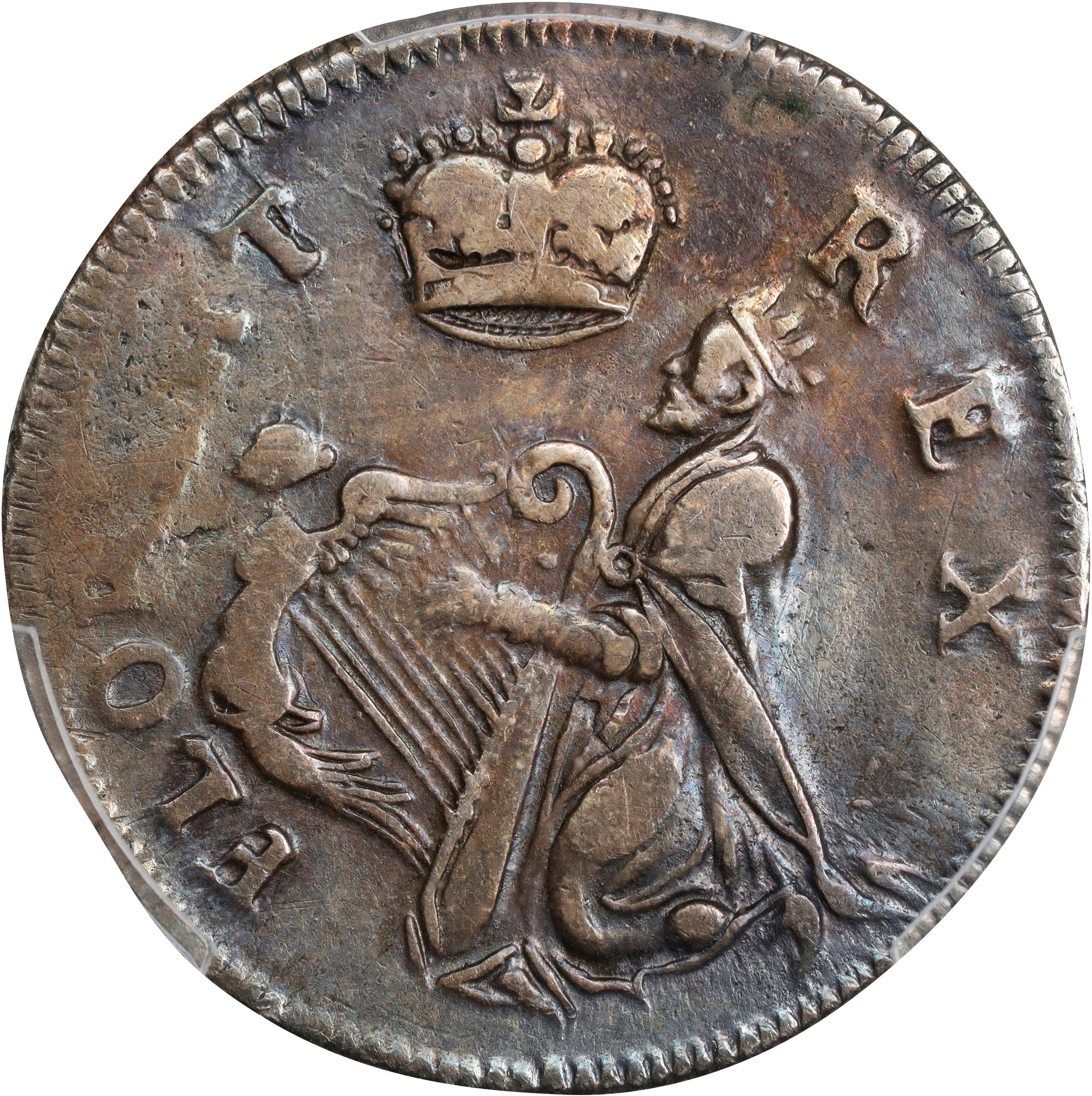 image for: Undated (ca. 1652-1674) St. Patrick Farthing. Martin 1c.33-Ca.20, W-11520. Rarity-8. Silver. Nothing Below King. EF Details--Repaired (PCGS).