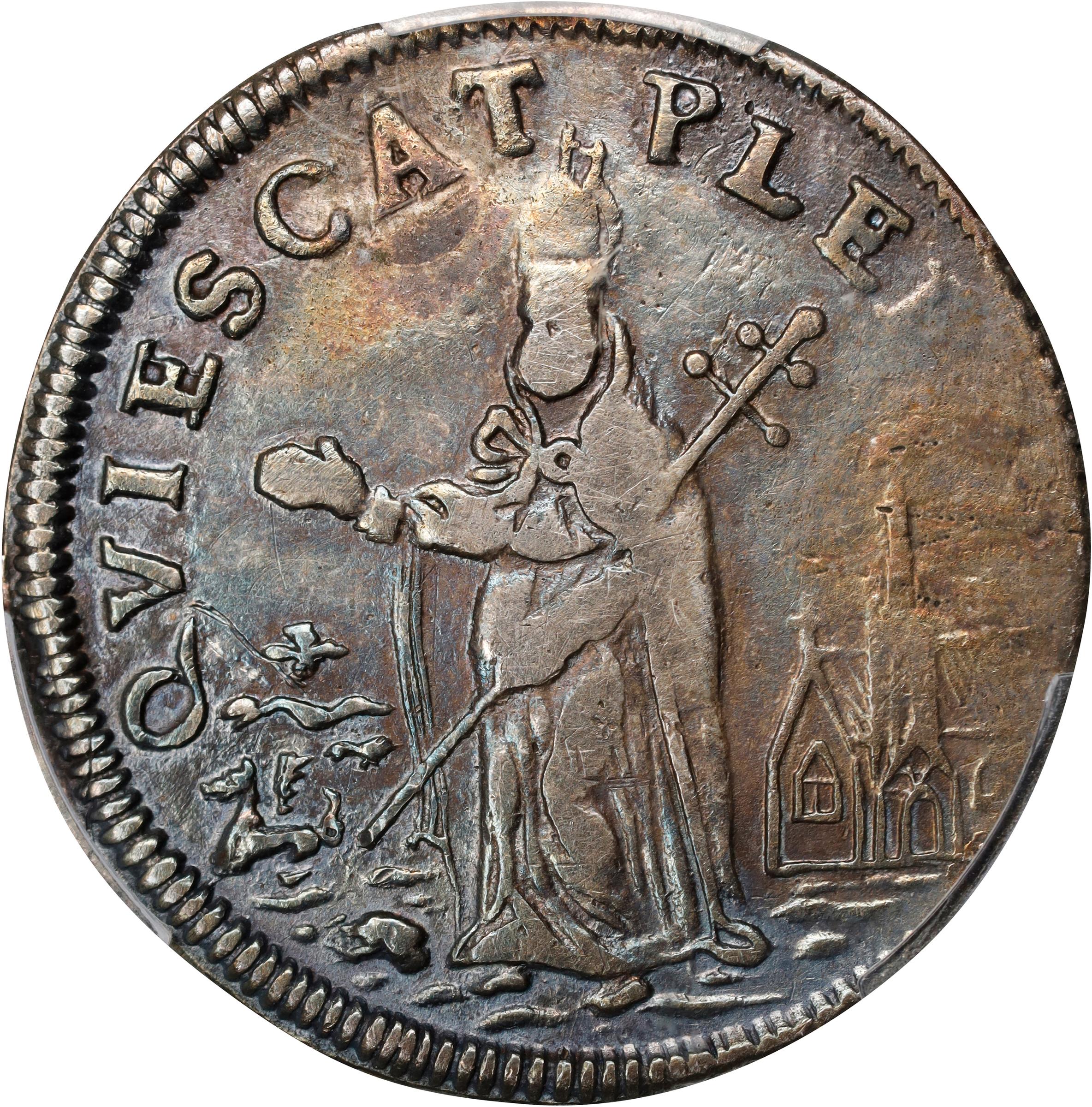 image for: Undated (ca. 1652-1674) St. Patrick Farthing. Martin 1c.33-Ca.20, W-11520. Rarity-8. Silver. Nothing Below King. EF Details--Repaired (PCGS).