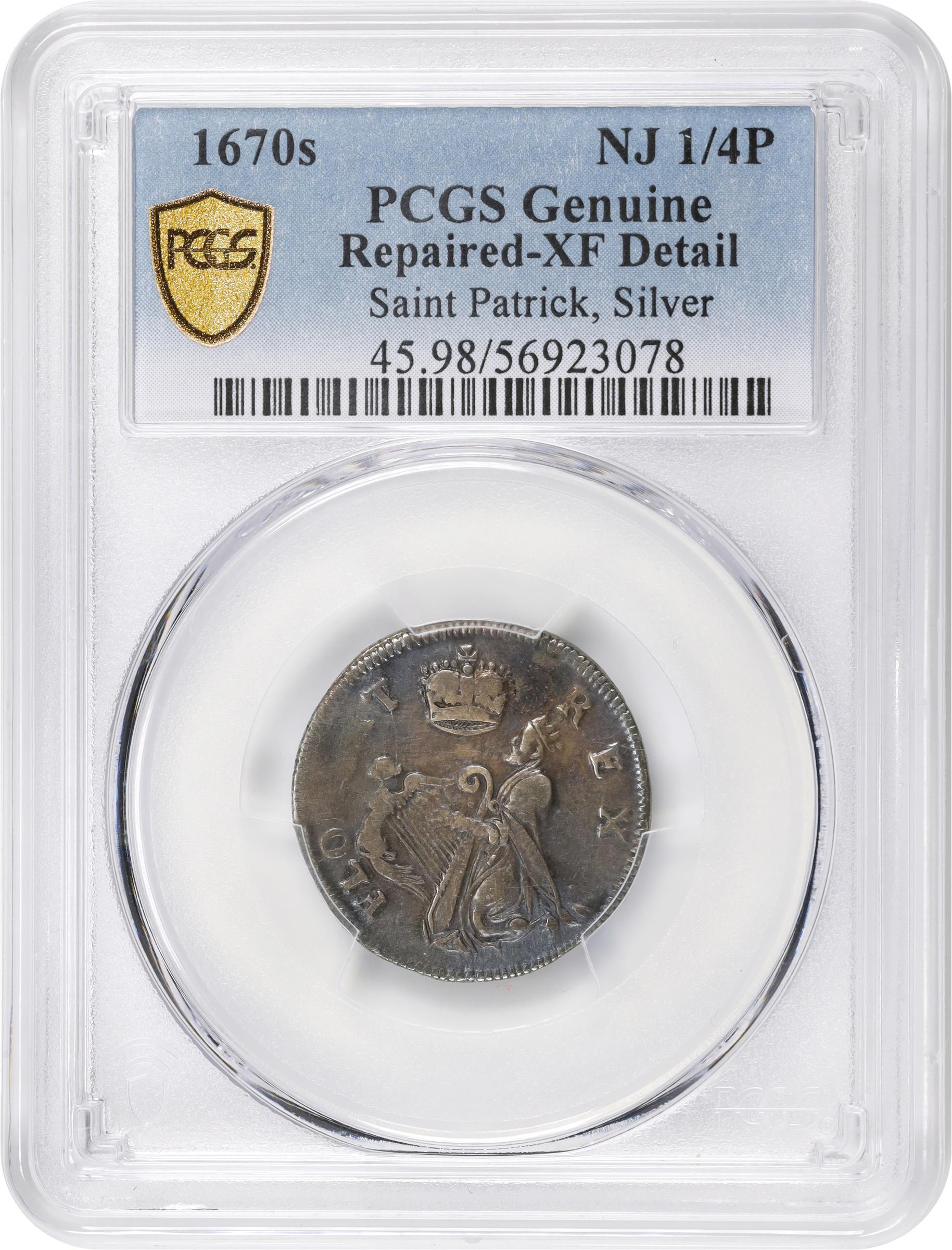 image for: Undated (ca. 1652-1674) St. Patrick Farthing. Martin 1c.33-Ca.20, W-11520. Rarity-8. Silver. Nothing Below King. EF Details--Repaired (PCGS).