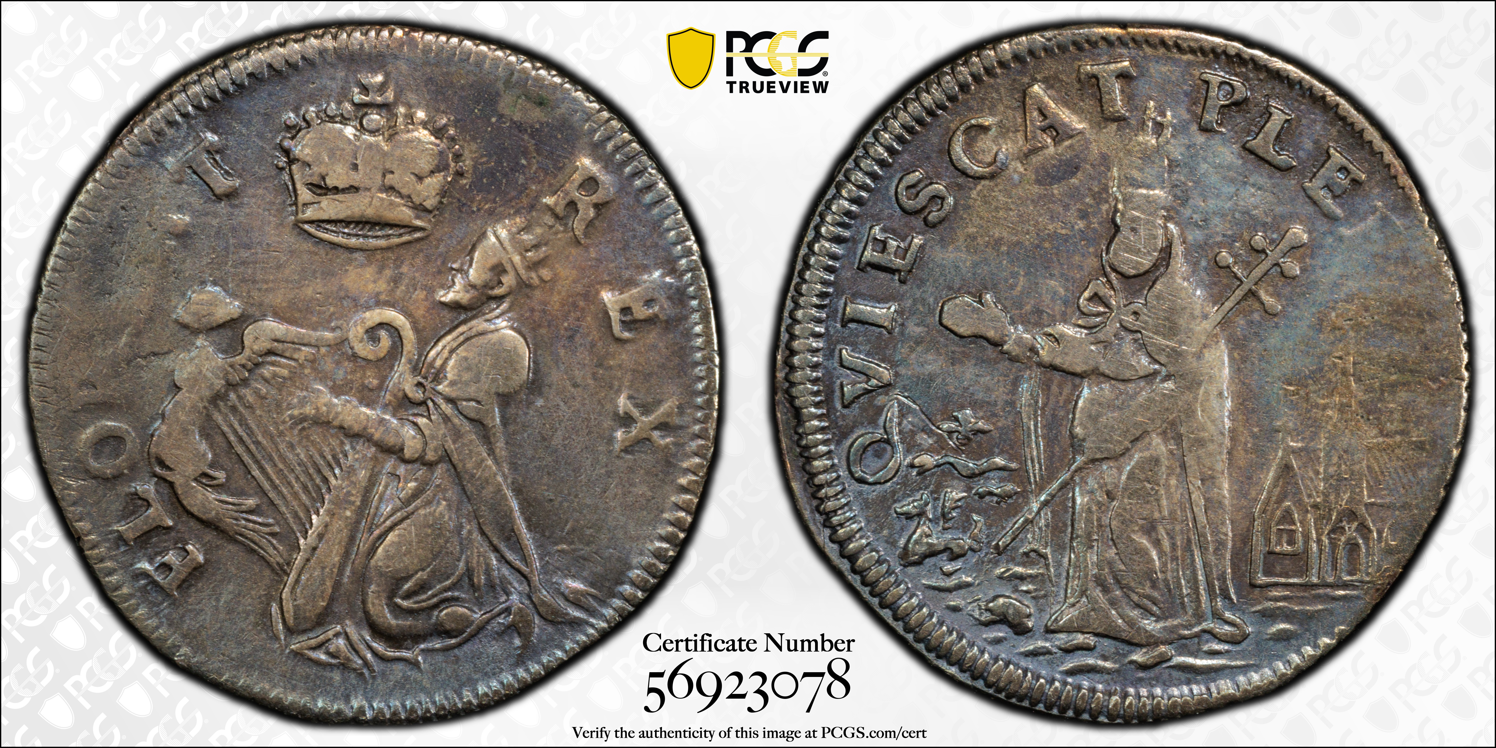 image for: Undated (ca. 1652-1674) St. Patrick Farthing. Martin 1c.33-Ca.20, W-11520. Rarity-8. Silver. Nothing Below King. EF Details--Repaired (PCGS).