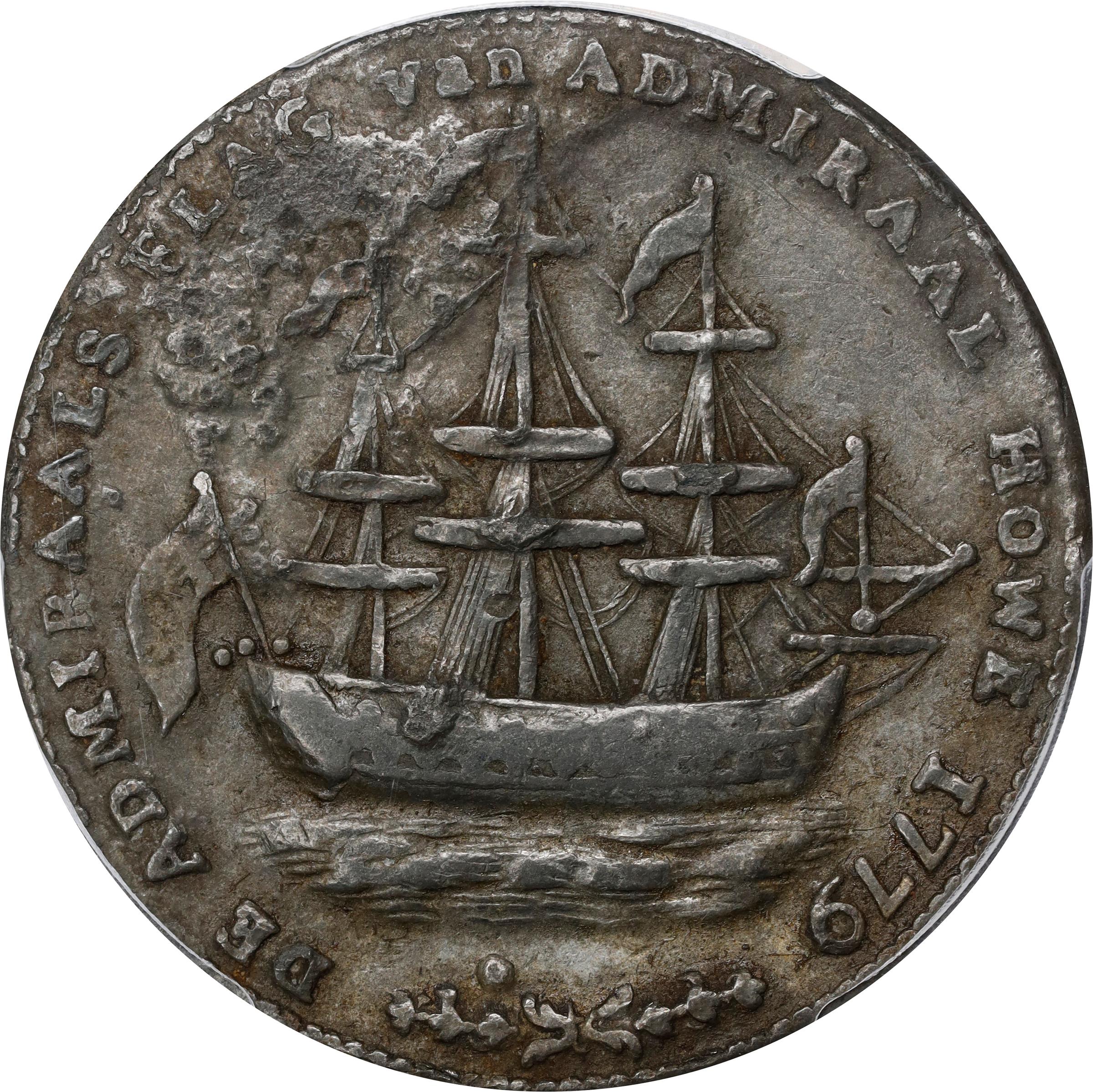 image for: "1778-1779" (ca. 1780) Rhode Island Ship Medal. Betts-563, W-1745. Wreath Below Ship. Pewter. EF Details--Environmental Damage (PCGS).