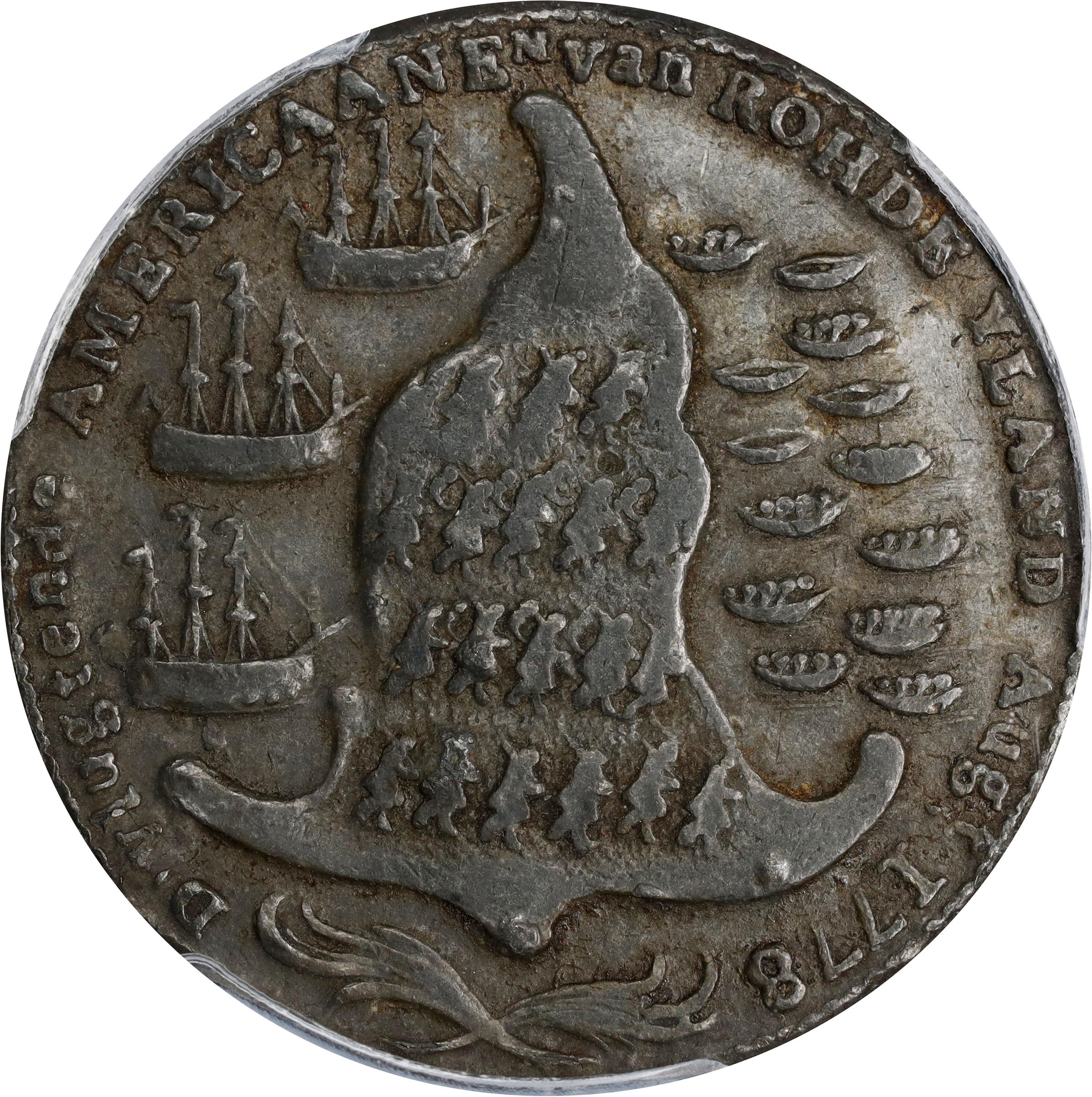 image for: "1778-1779" (ca. 1780) Rhode Island Ship Medal. Betts-563, W-1745. Wreath Below Ship. Pewter. EF Details--Environmental Damage (PCGS).