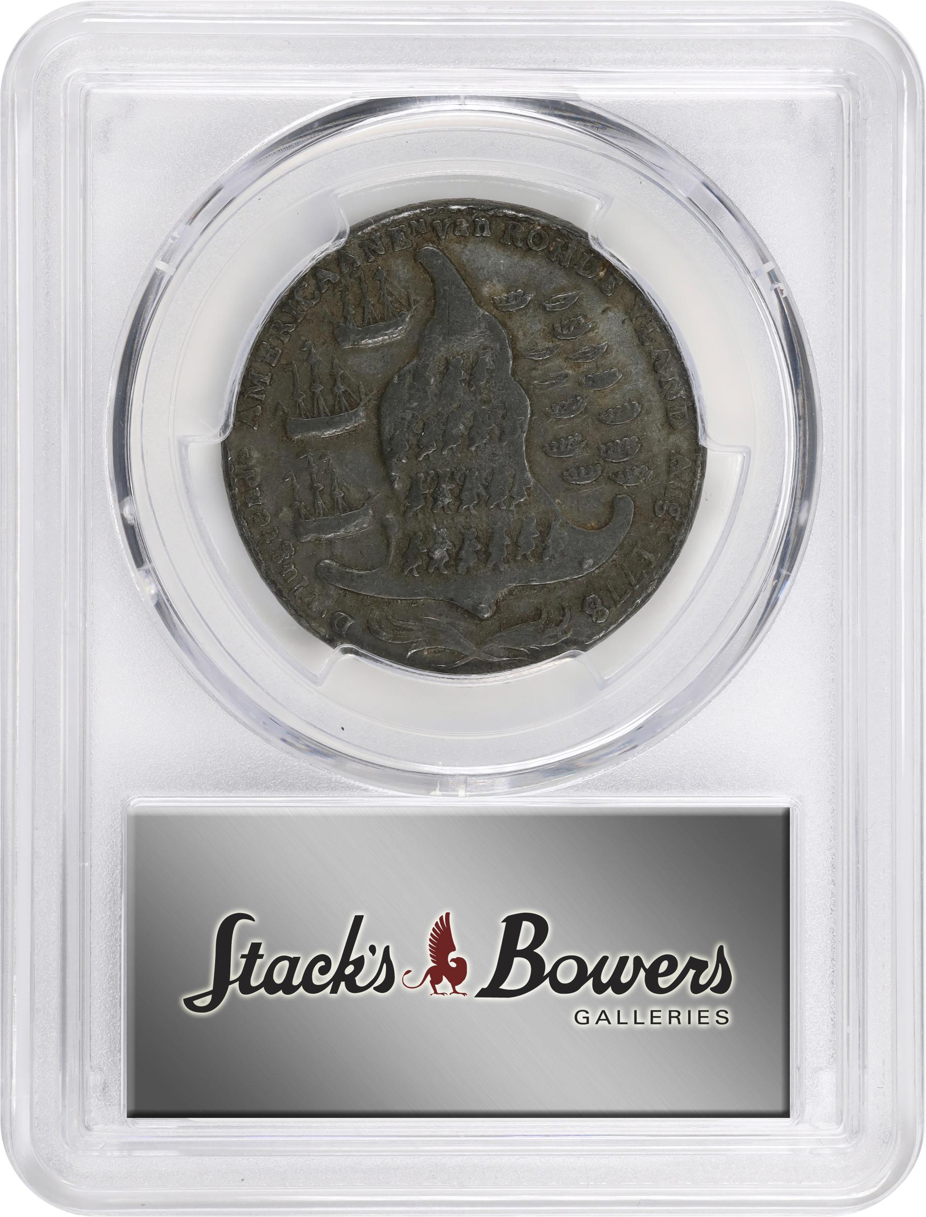 image for: "1778-1779" (ca. 1780) Rhode Island Ship Medal. Betts-563, W-1745. Wreath Below Ship. Pewter. EF Details--Environmental Damage (PCGS).