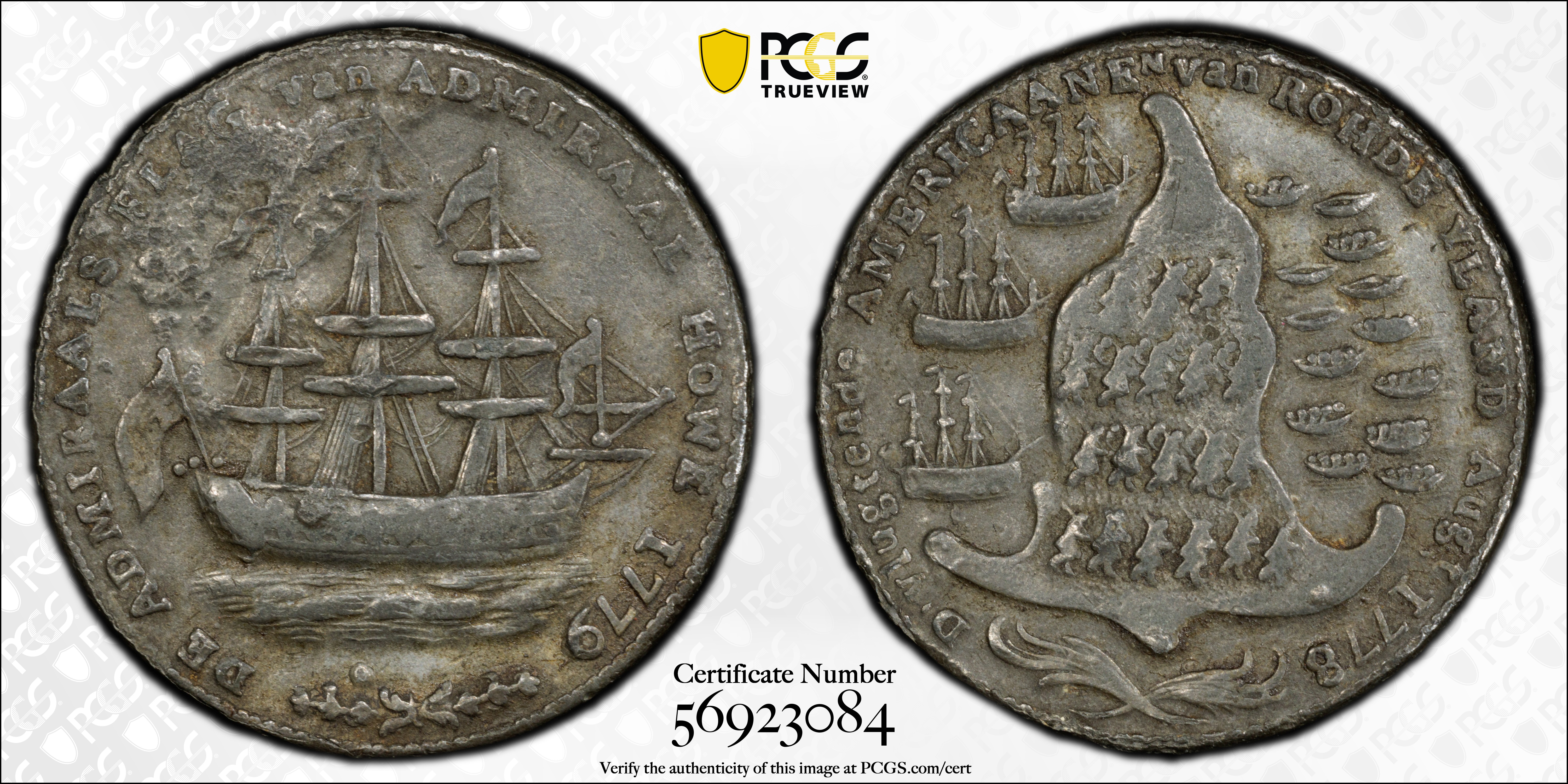 image for: "1778-1779" (ca. 1780) Rhode Island Ship Medal. Betts-563, W-1745. Wreath Below Ship. Pewter. EF Details--Environmental Damage (PCGS).
