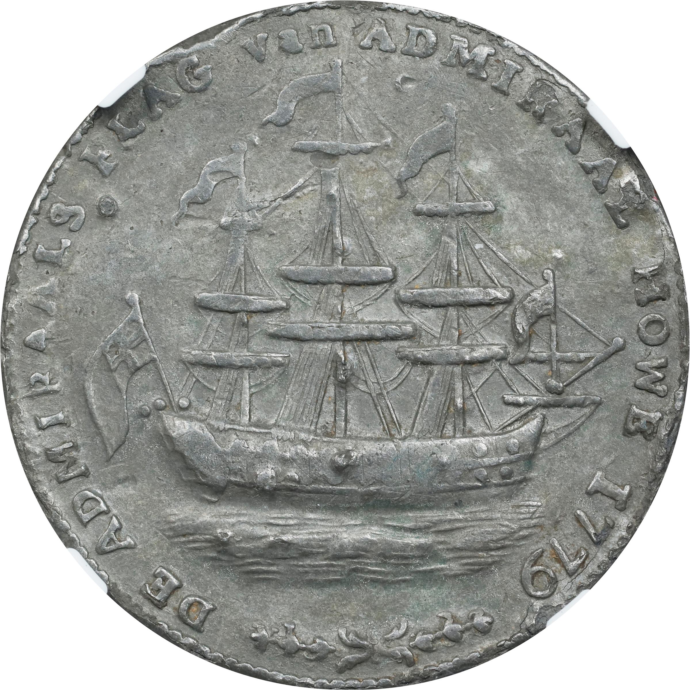 image for: "1778-1779" (ca. 1780) Rhode Island Ship Medal. Betts-563, W-1745. Wreath Below Ship. Pewter. EF Details--Damaged (NGC).