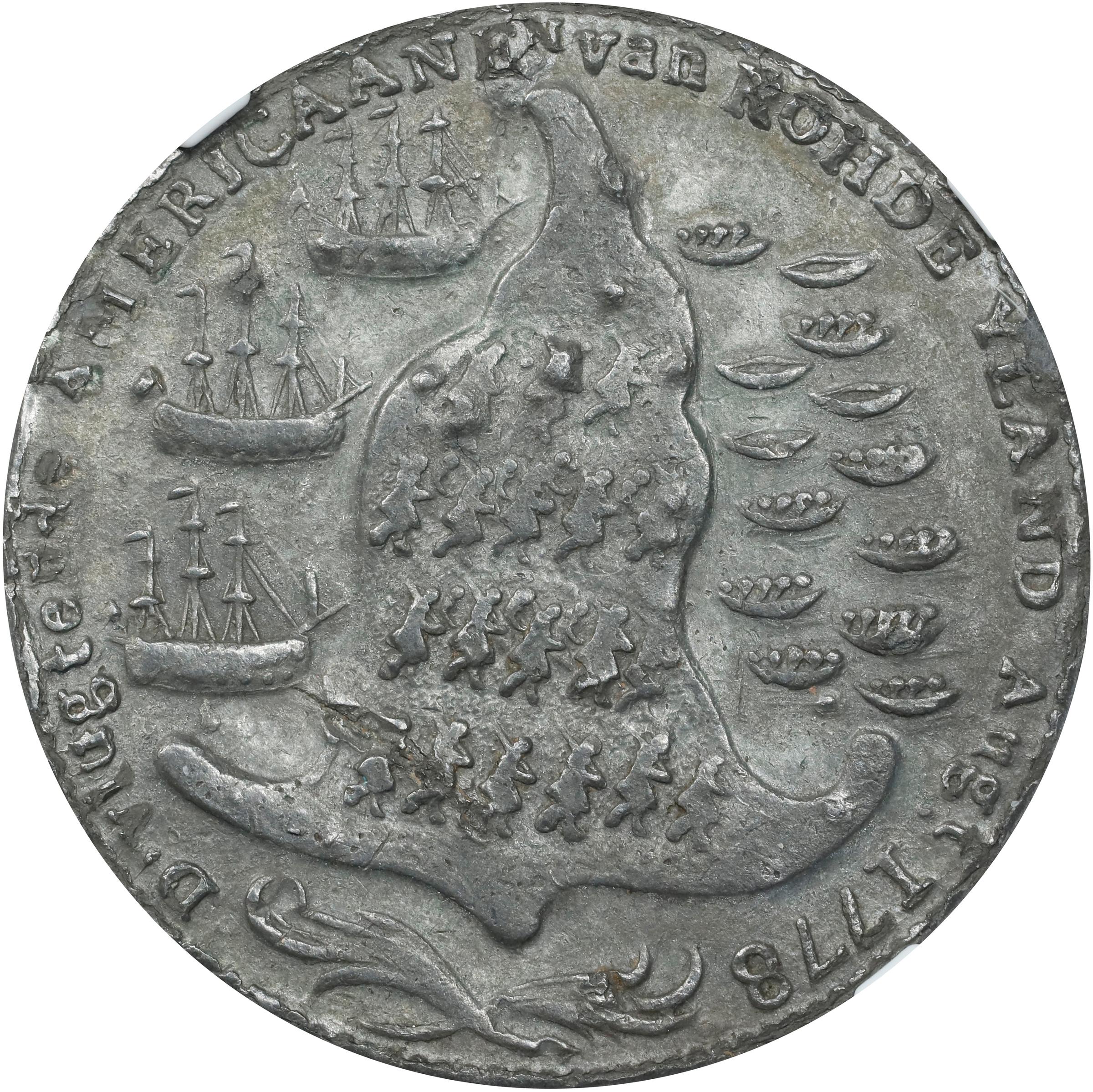 image for: "1778-1779" (ca. 1780) Rhode Island Ship Medal. Betts-563, W-1745. Wreath Below Ship. Pewter. EF Details--Damaged (NGC).