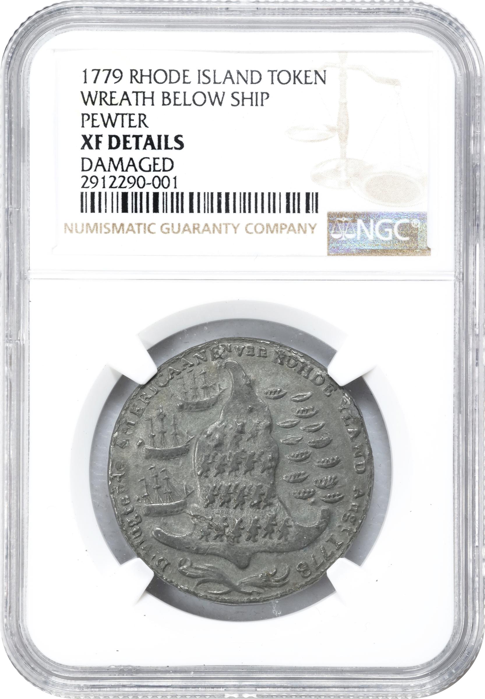 image for: "1778-1779" (ca. 1780) Rhode Island Ship Medal. Betts-563, W-1745. Wreath Below Ship. Pewter. EF Details--Damaged (NGC).