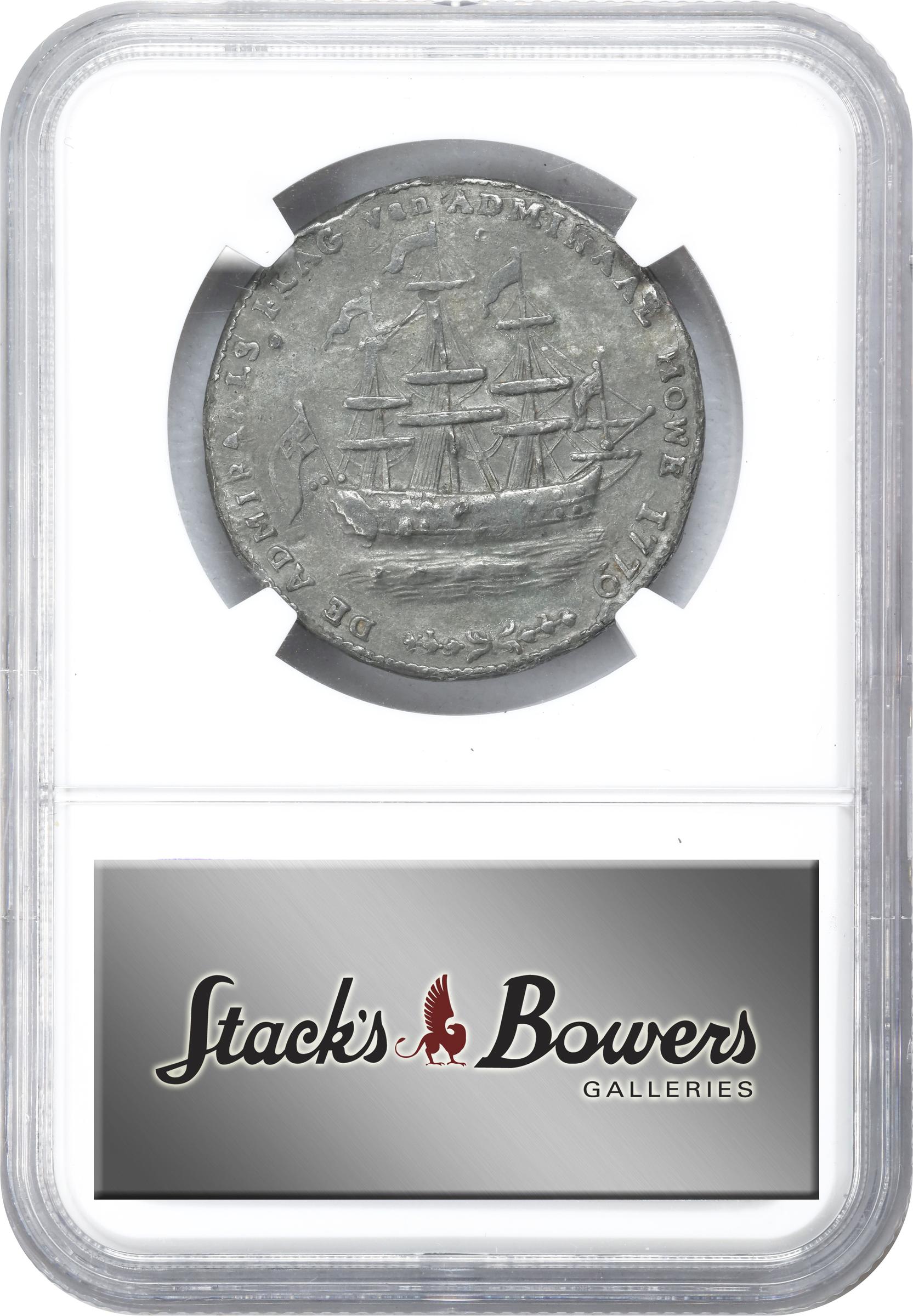 image for: "1778-1779" (ca. 1780) Rhode Island Ship Medal. Betts-563, W-1745. Wreath Below Ship. Pewter. EF Details--Damaged (NGC).