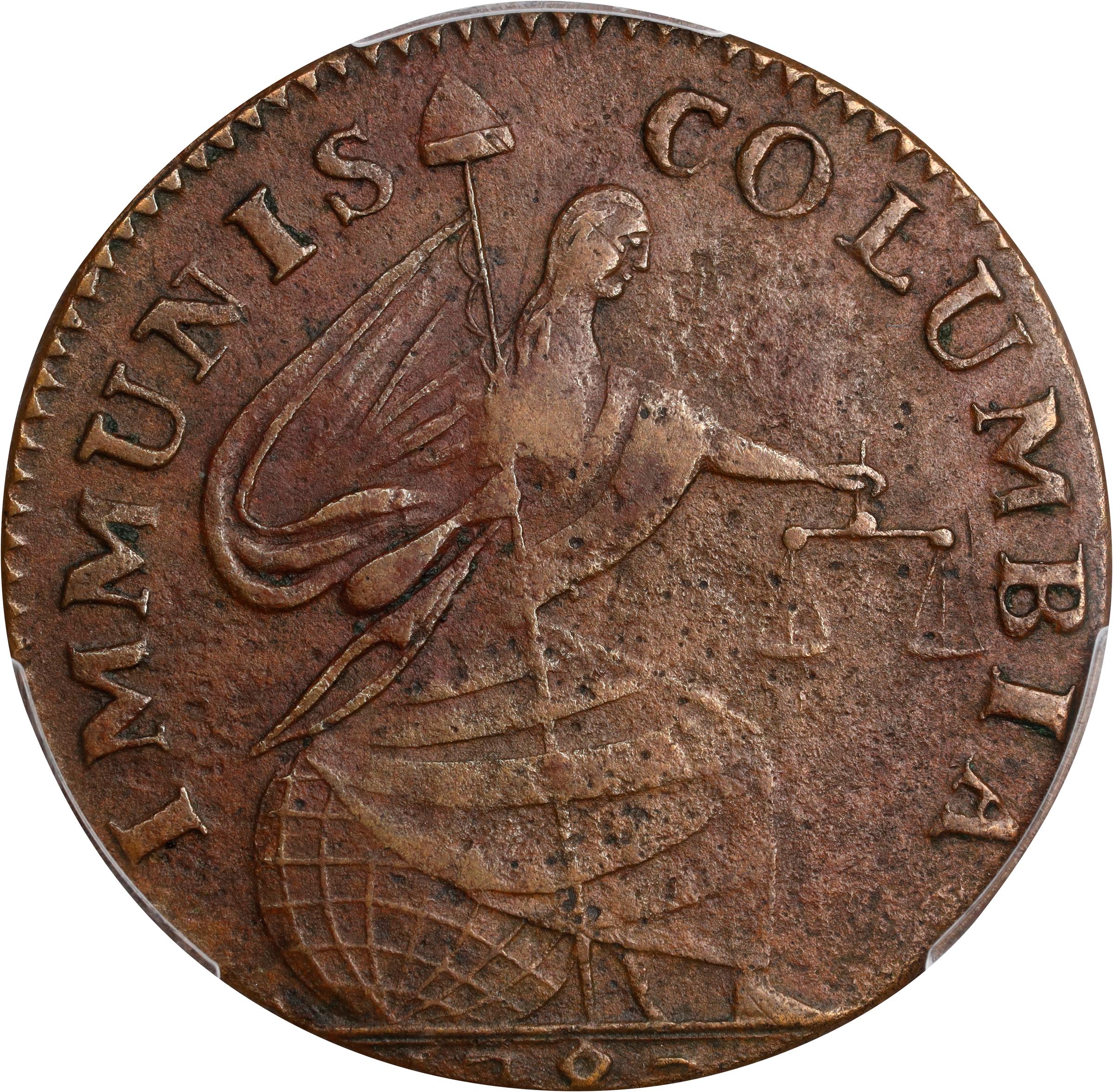 image for: 1787 Immunis Columbia Copper / Large Eagle Reverse. W-5680. Rarity-4+. Plain Edge, Narrow Planchet. EF Details--Environmental Damage (PCGS).
