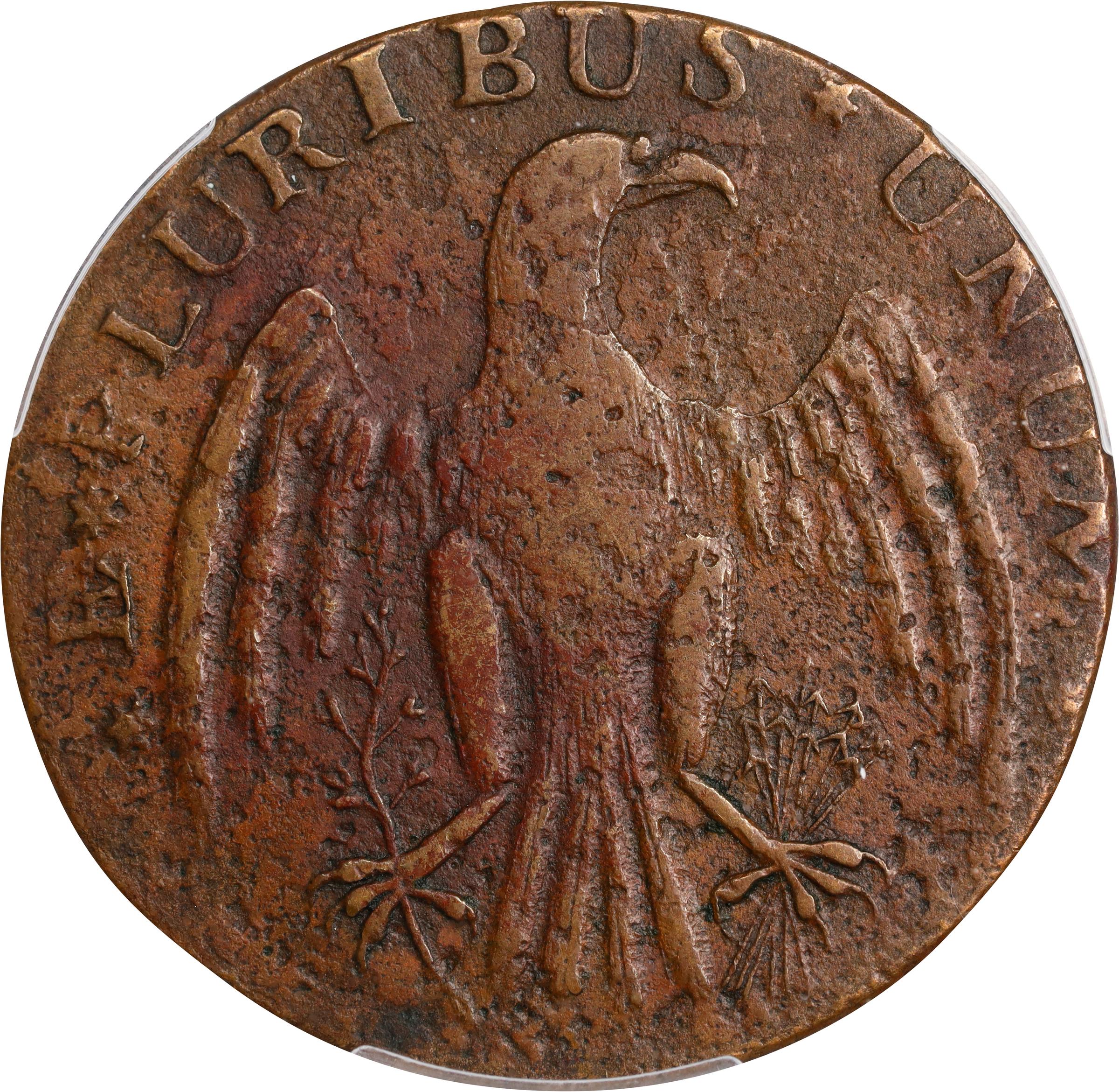 image for: 1787 Immunis Columbia Copper / Large Eagle Reverse. W-5680. Rarity-4+. Plain Edge, Narrow Planchet. EF Details--Environmental Damage (PCGS).