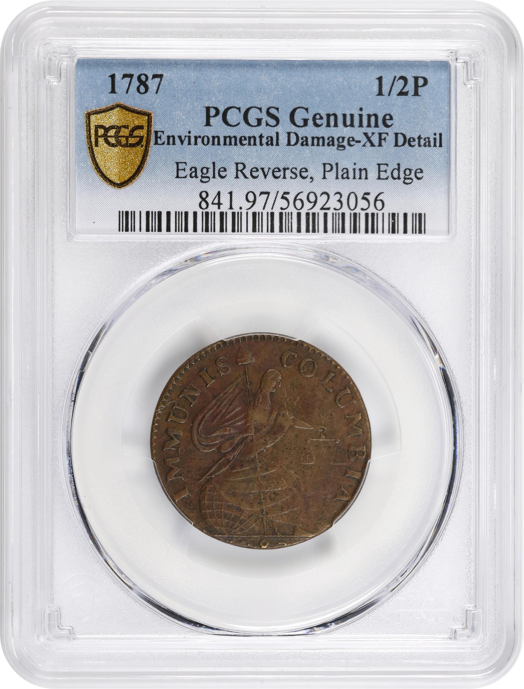 image for: 1787 Immunis Columbia Copper / Large Eagle Reverse. W-5680. Rarity-4+. Plain Edge, Narrow Planchet. EF Details--Environmental Damage (PCGS).