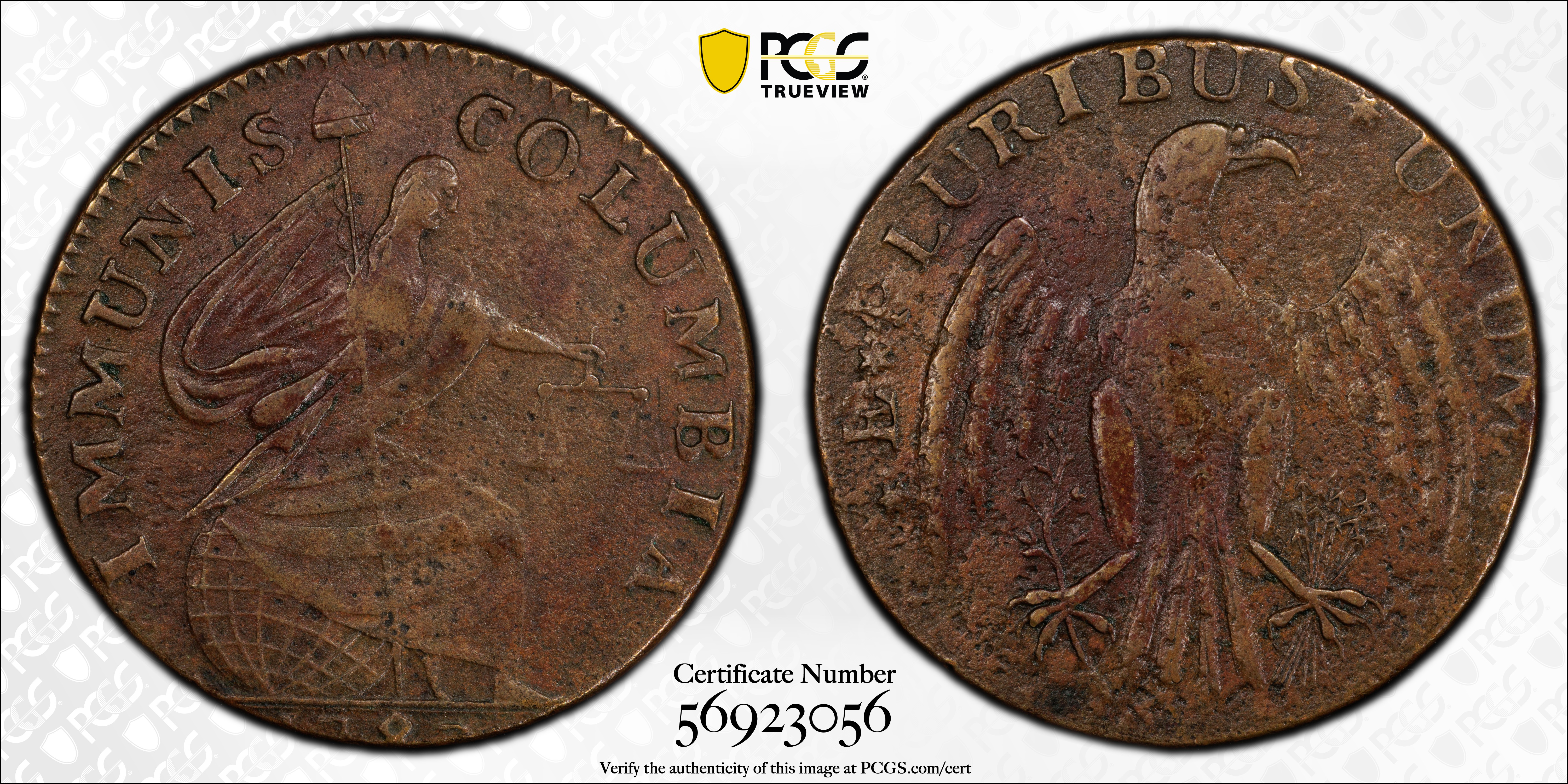 image for: 1787 Immunis Columbia Copper / Large Eagle Reverse. W-5680. Rarity-4+. Plain Edge, Narrow Planchet. EF Details--Environmental Damage (PCGS).