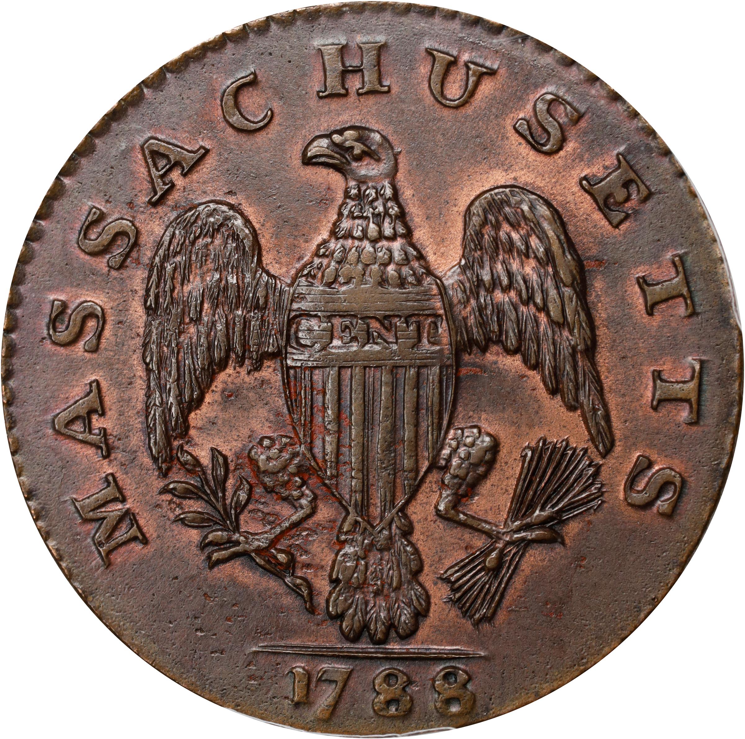 image for: 1788 Massachusetts Cent. Ryder 6-N, W-6240. Rarity-3-. No Period After MASSACHUSETTS. Unc Details--Altered Surfaces (PCGS).