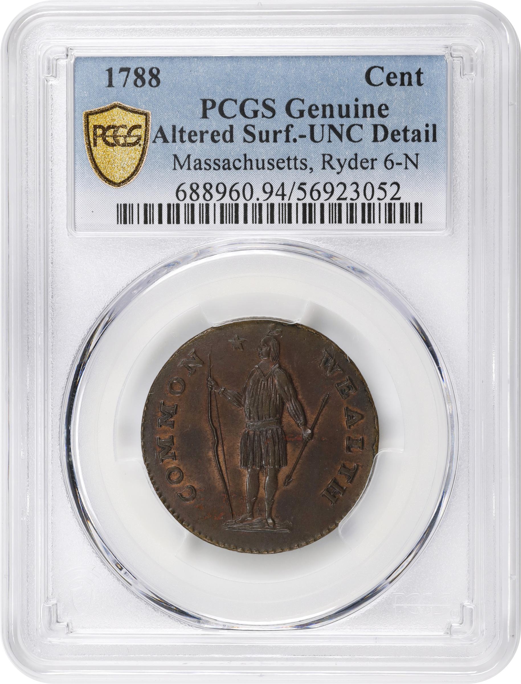 image for: 1788 Massachusetts Cent. Ryder 6-N, W-6240. Rarity-3-. No Period After MASSACHUSETTS. Unc Details--Altered Surfaces (PCGS).